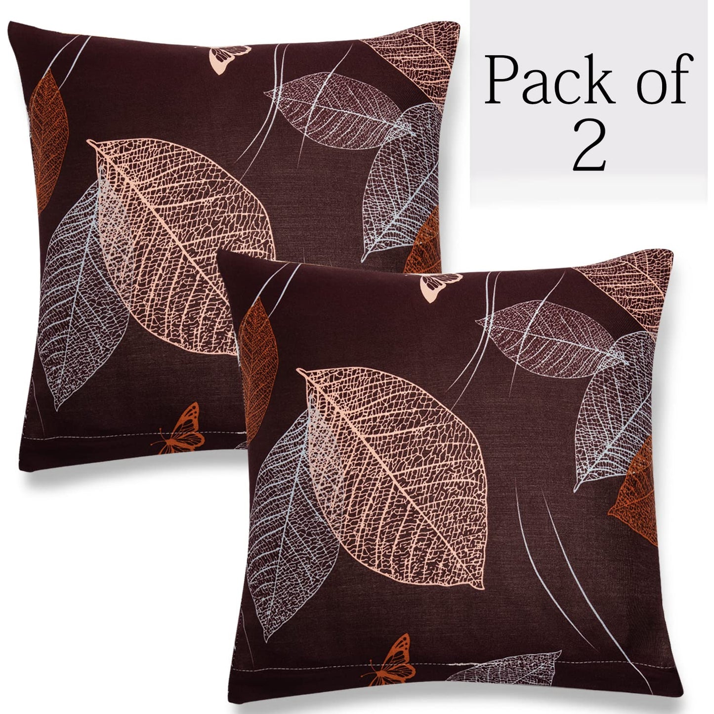 HOKIPO Stretchable Pack of 2 Cushion Cover 16x16, Dark Brown Leaf