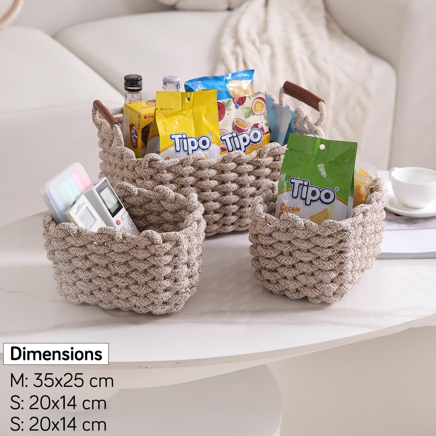 Eco-Friendly Thick Cotton Rope Storage Baskets Set of 3, Beige
