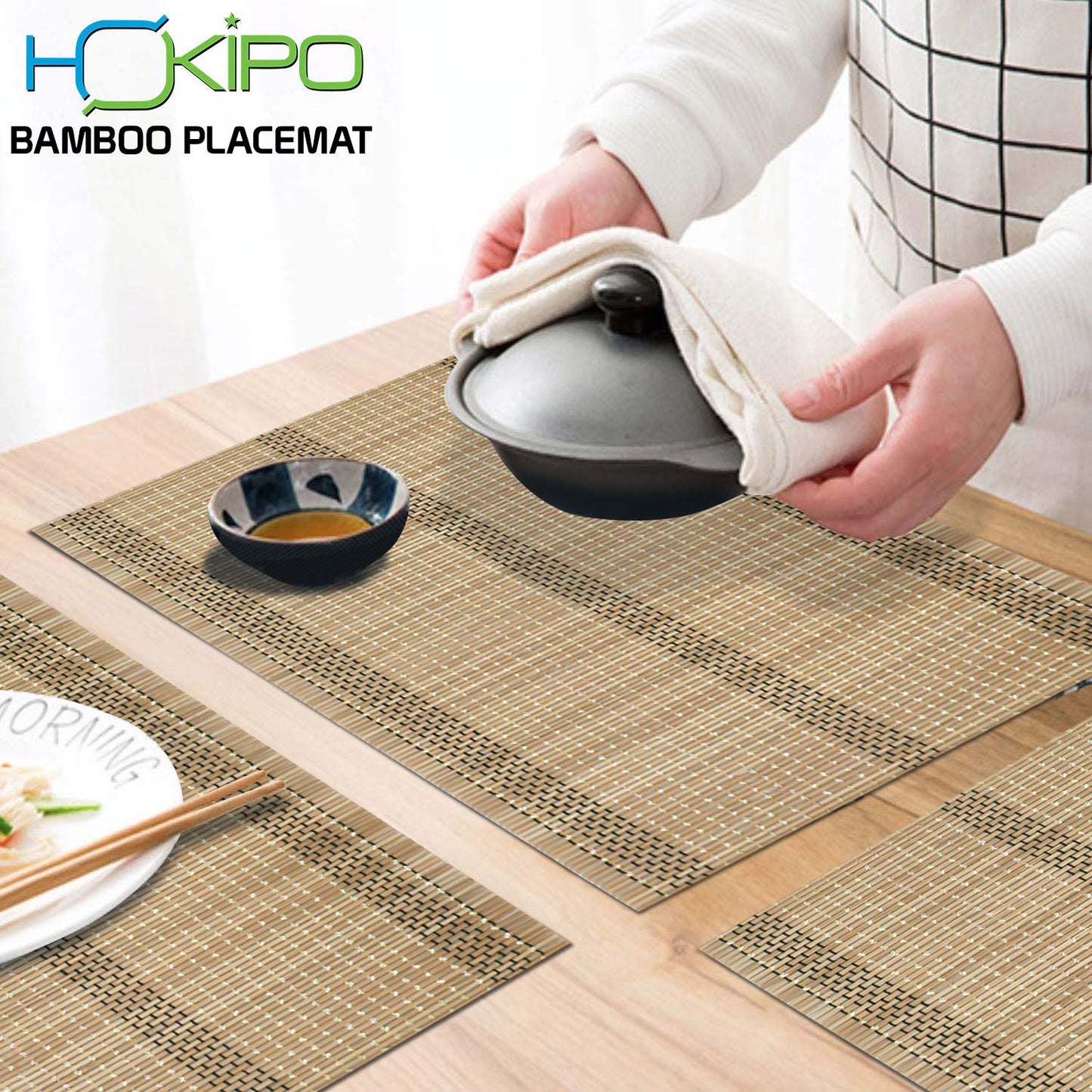 Reversible Bamboo Table Mats for Dining Table, Set of 4 Placemats, 45x30 cm, Hazel Wood