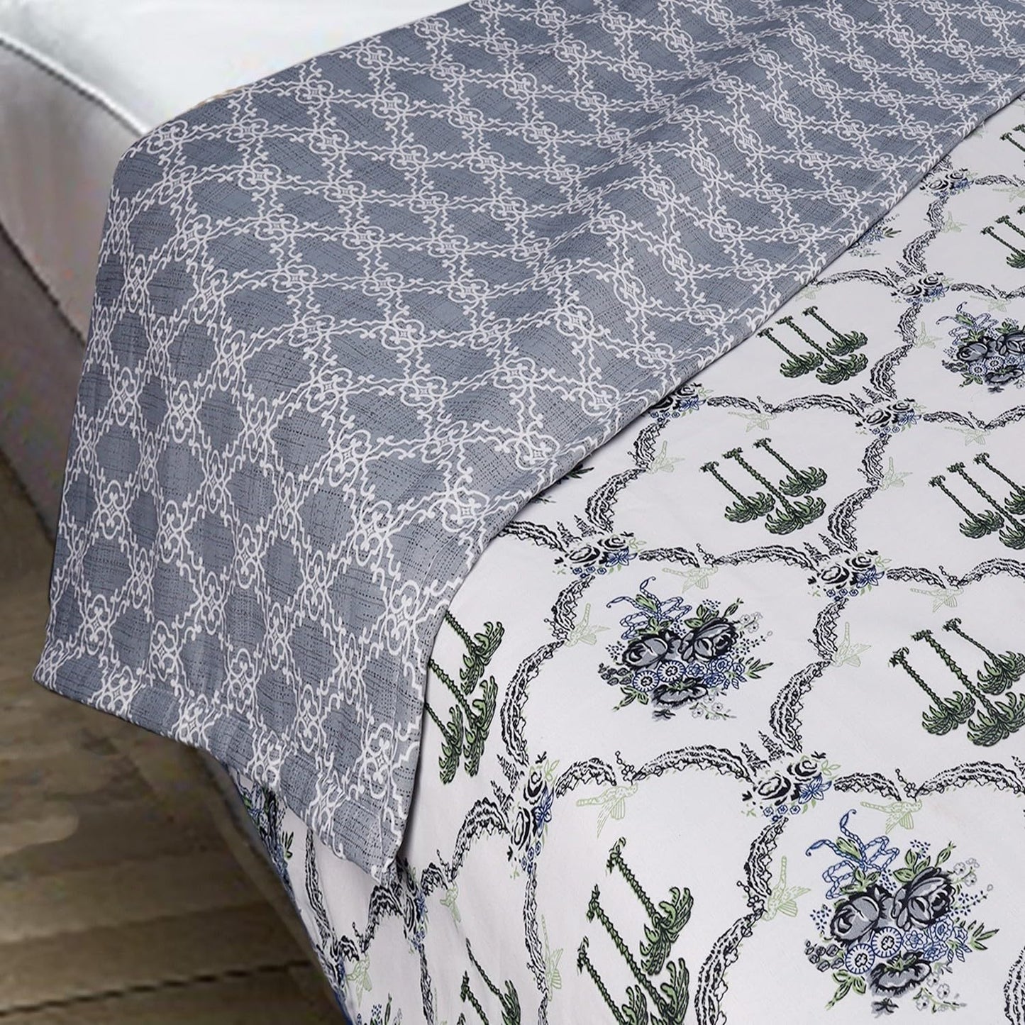 Reversible Cotton Dohar AC Blanket, Oxford Grey Palm Tree