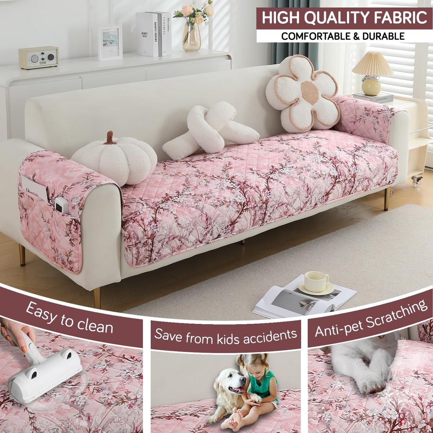 HOKIPO Quilted Waterproof Sofa Seat Mat with 2 Armrest Covers with Pockets, Blossom Flower Pink
