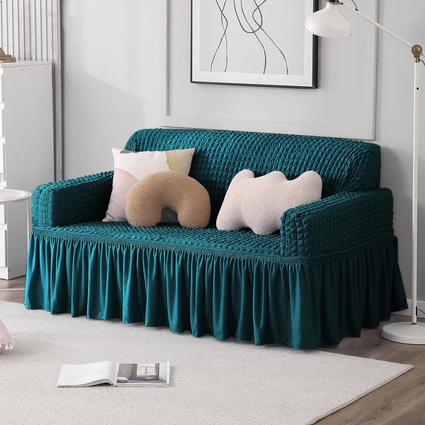 Teal Elastic Turkish Bubble Frill two seater sofa cover