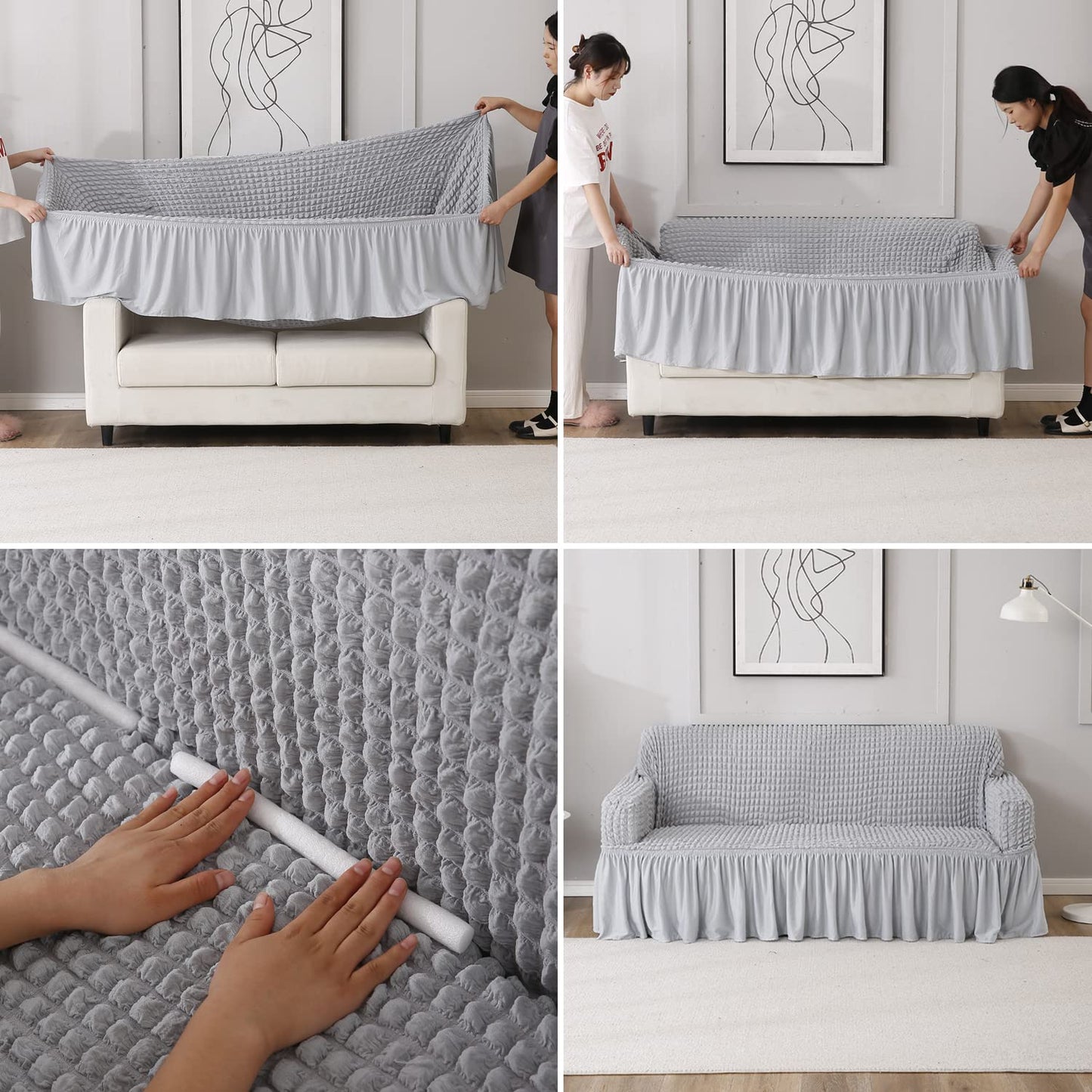 How to put Ash Grey stretchable Turkish Bubble frill sofa cover guide