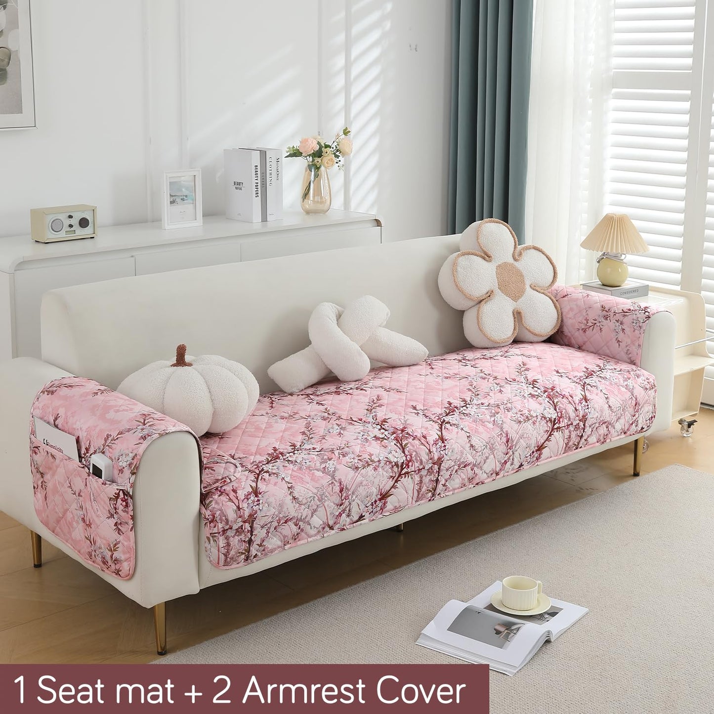 HOKIPO Quilted Waterproof Sofa Seat Mat with 2 Armrest Covers with Pockets, Blossom Flower Pink
