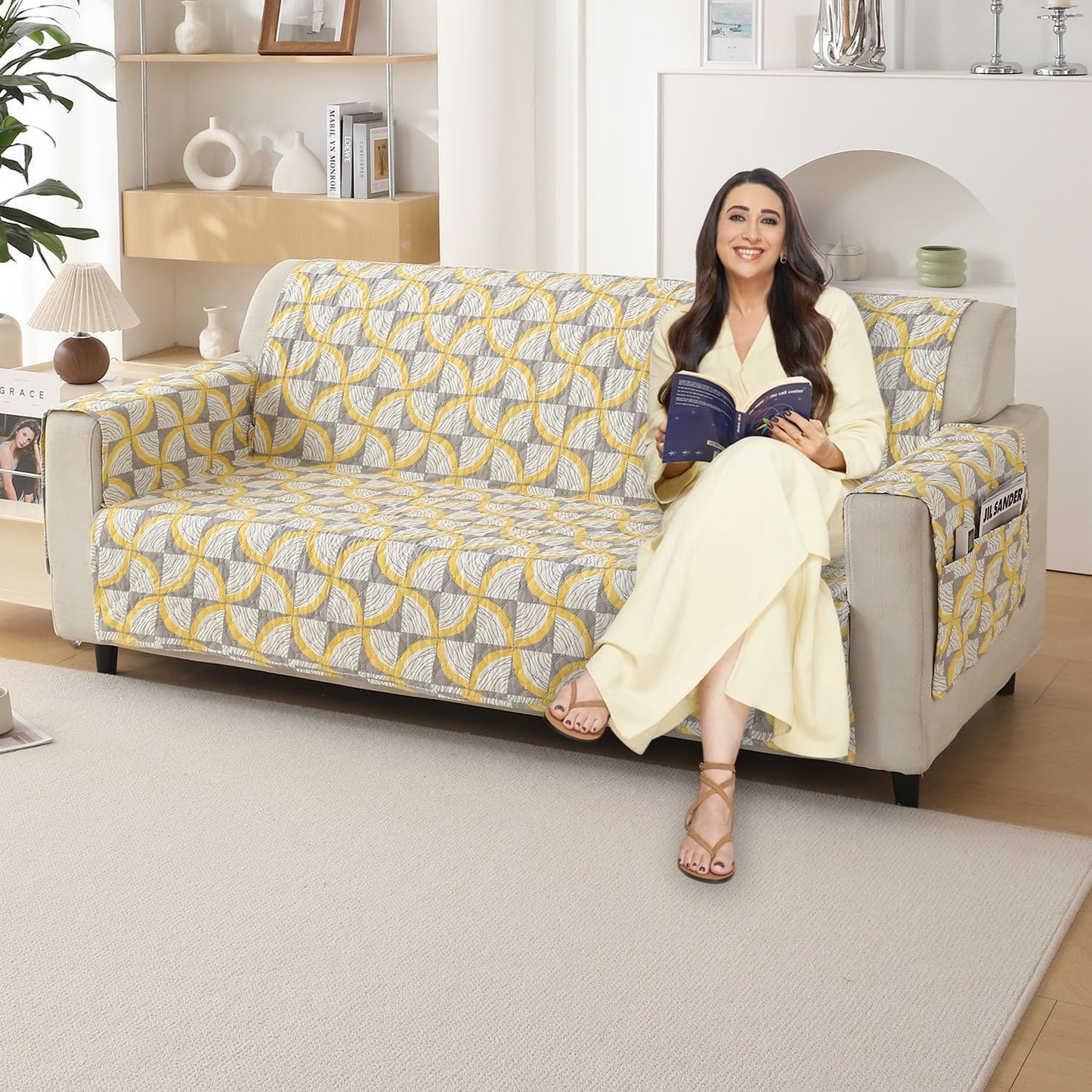 Quilted Printed Polyester Sofa Cover Mat for 1/2/3 Seater Sofa with Side Pockets, Pet Friendly, Windmill Cyber Yellow