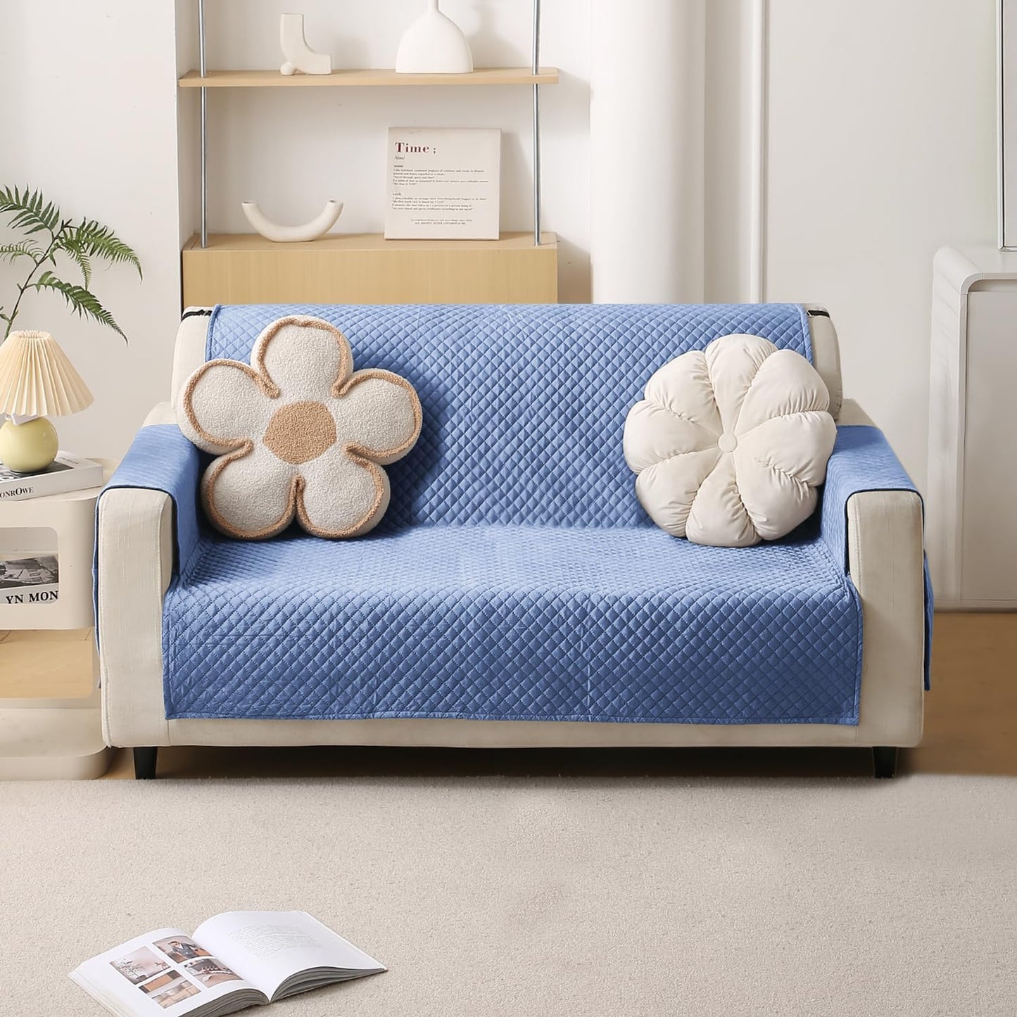Quilted Velvet Sofa Cover Mat with Side Pockets, Pet Friendly, Placid Blue