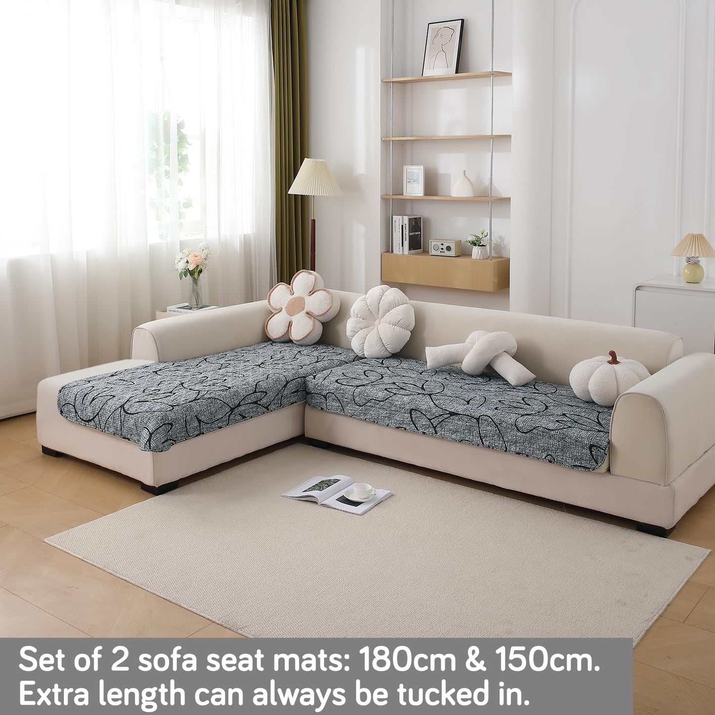Waterproof Printed Quilted Quick Dry L Shape Sofa Seat Cover Mat, Intense Grey Abstract Floral