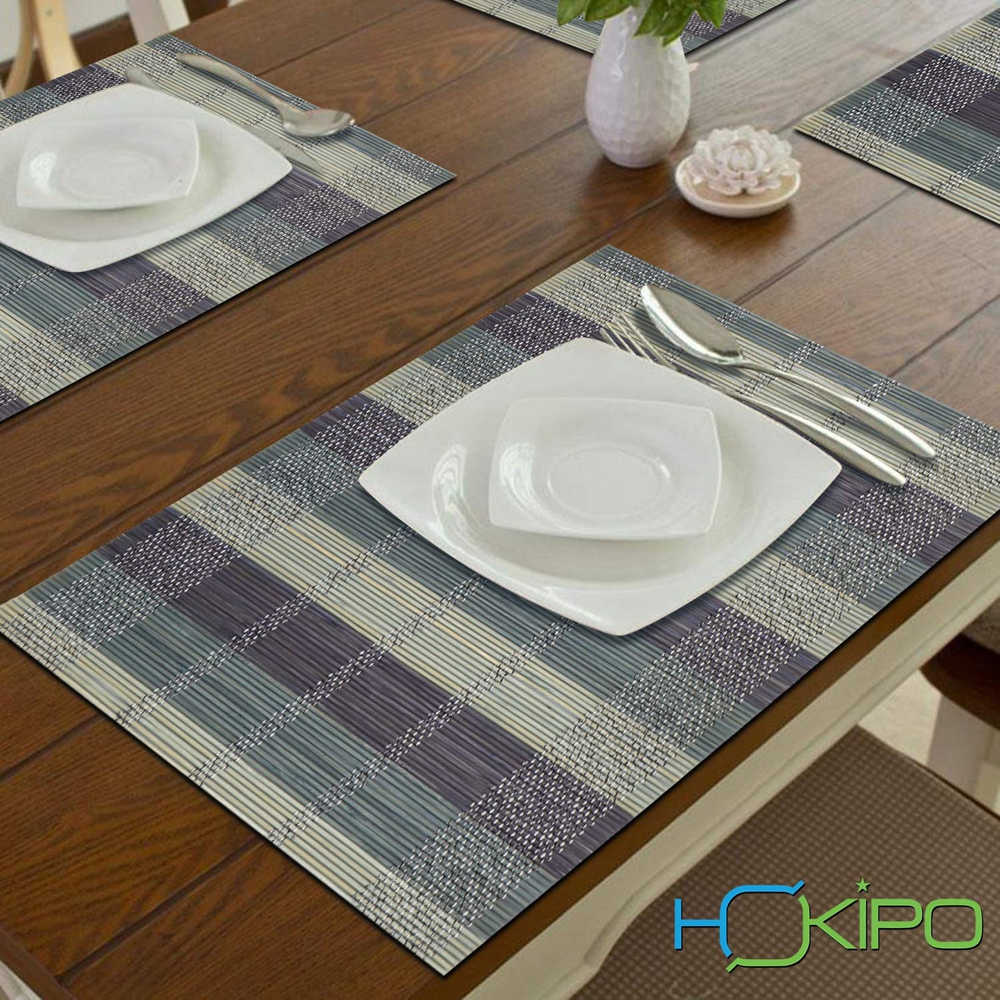 Heat Resistant Bamboo Placemats Set of 6 Dining Table Mats, 45x30 cm, Bean Blue