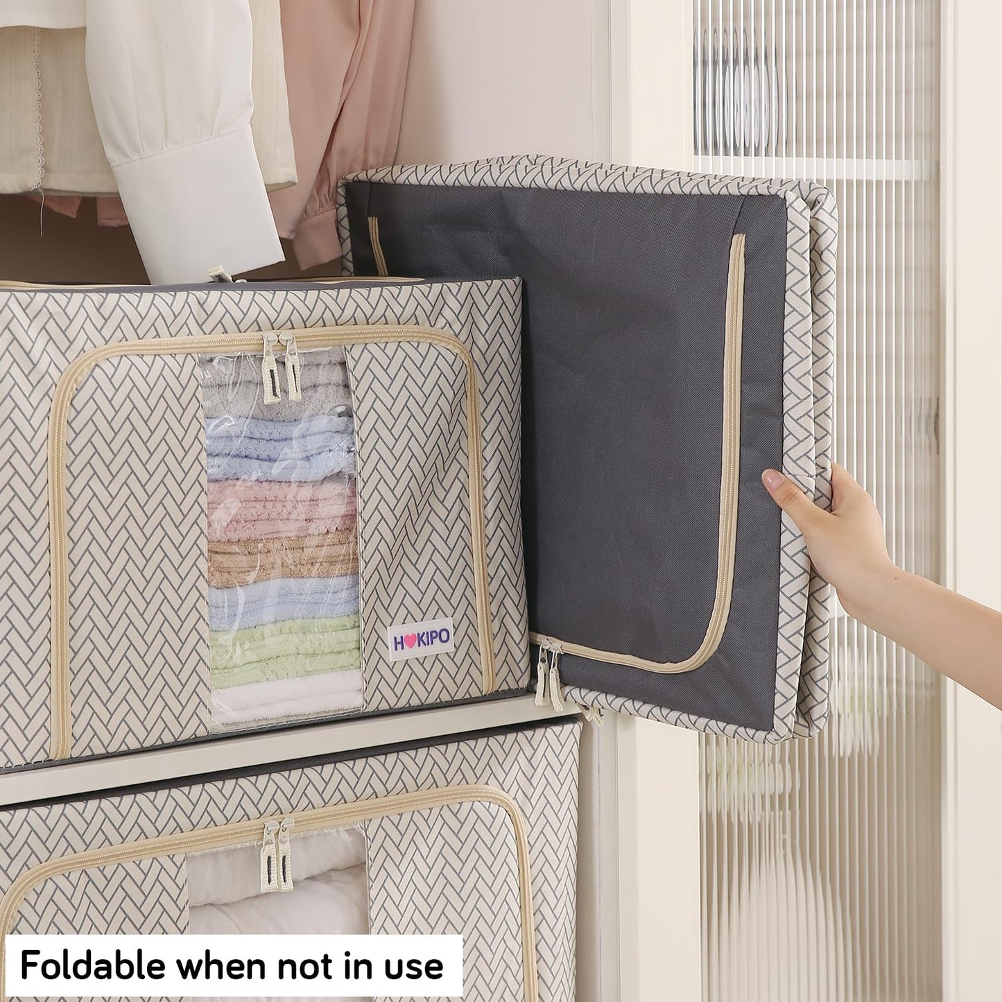 Wardrobe Organizer Storage Box | Foldable Cloth Storage Boxes with Metal Frame & Window | 600D Oxford Fabric, Cream Mist