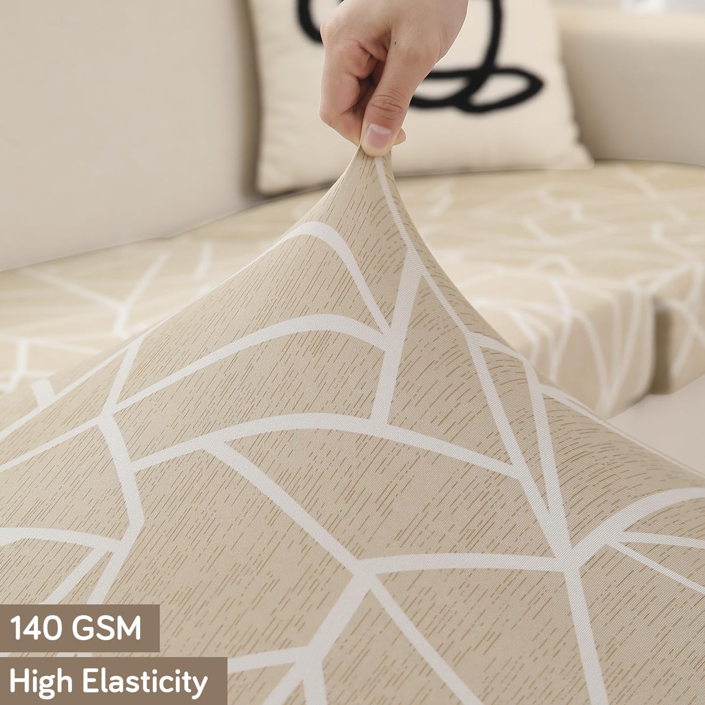 140 GSM Stretchable Printed Elastic Sofa Cushion Seat Cover for 1 /2 /3 Seaters / Pieces for Sofa, Beige Abstract Geometry
