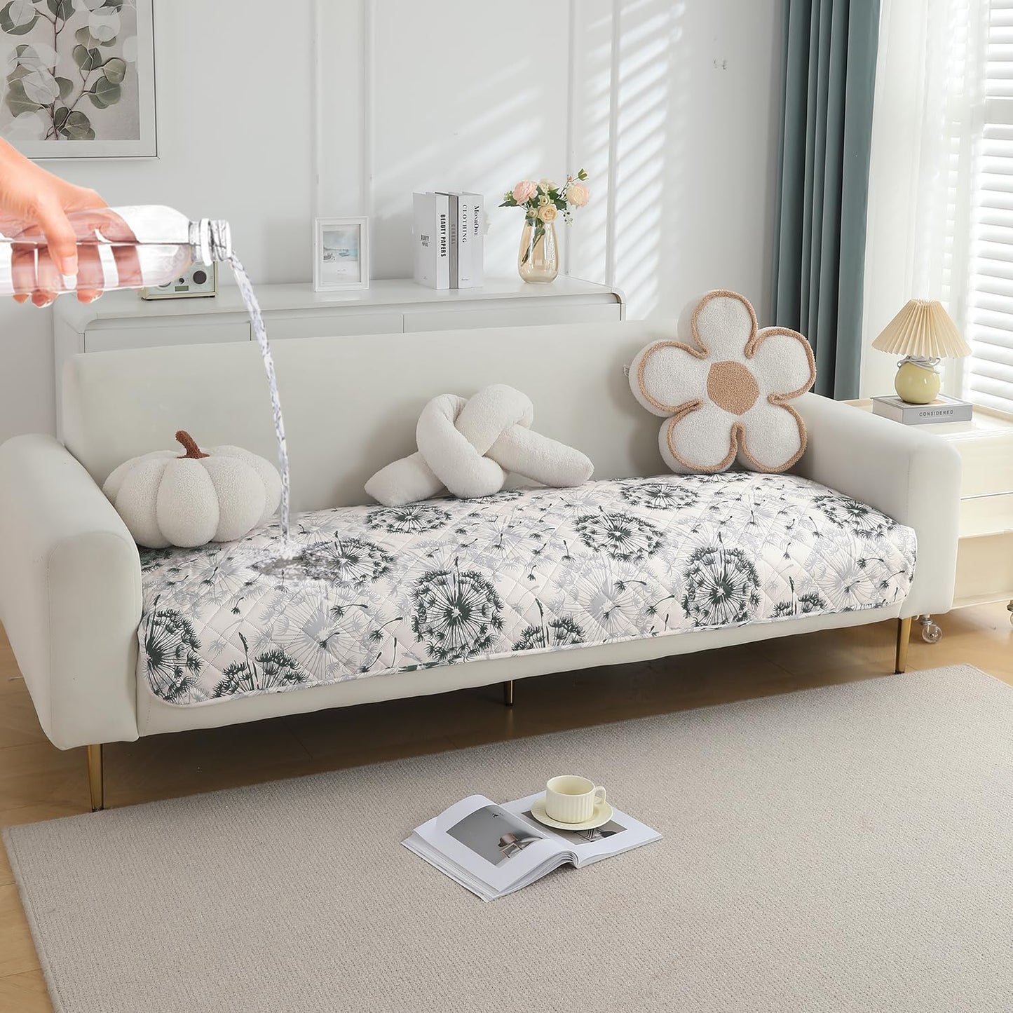 Quilted 1/2/3 Seater Waterproof and Anti-Slip Sofa Cover Mat, Dandelion Anchor Grey