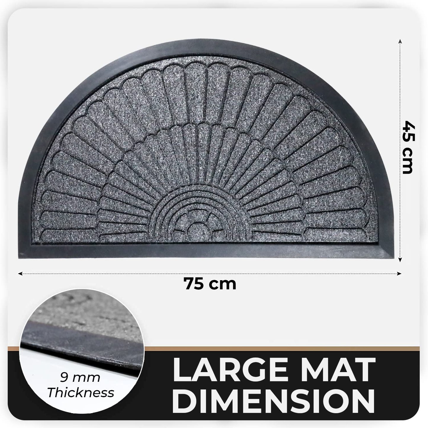 45X75cm All Purpose Doormat with Rubber Backing Half Circle Style, Thick mat for Outdoor and Indoor use, Grey