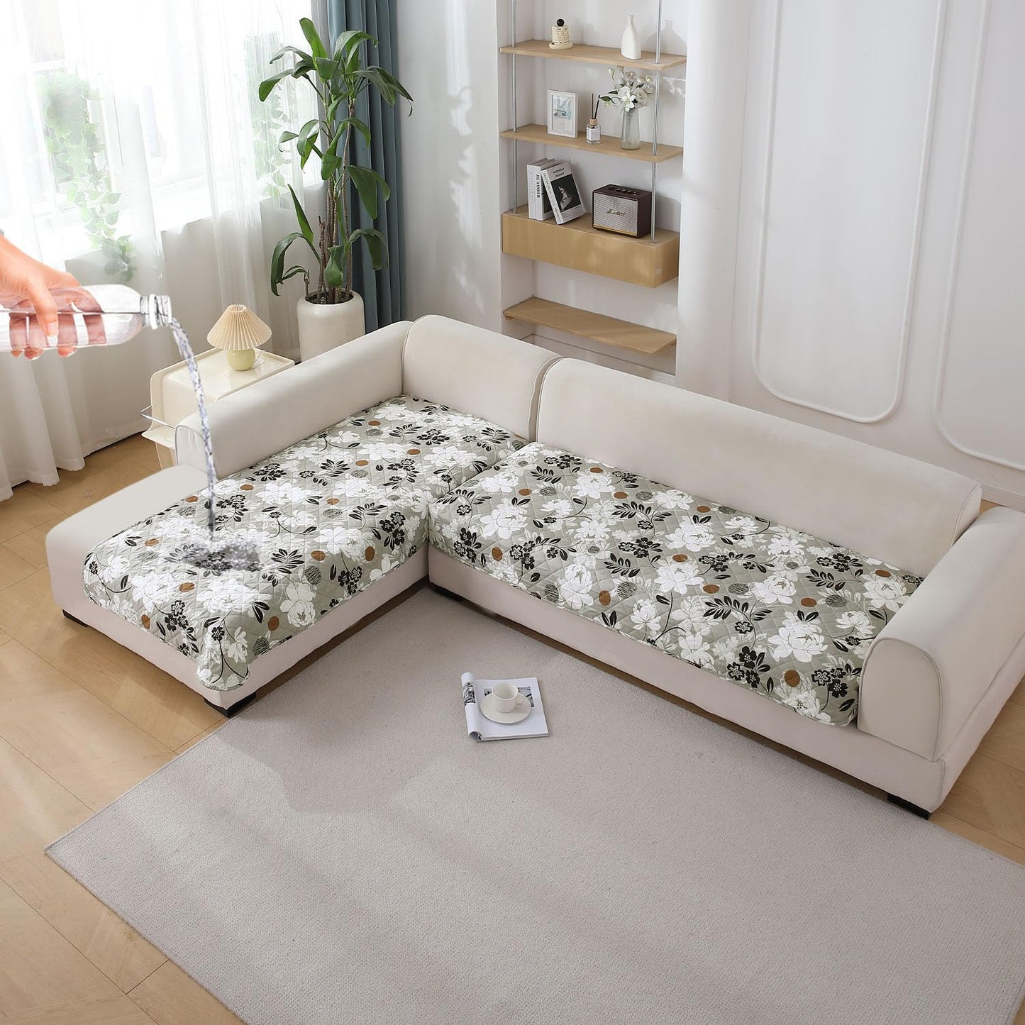 Waterproof Printed Quilted Quick Dry L Shape Sofa Seat Cover Mat, Feather Brown Floral