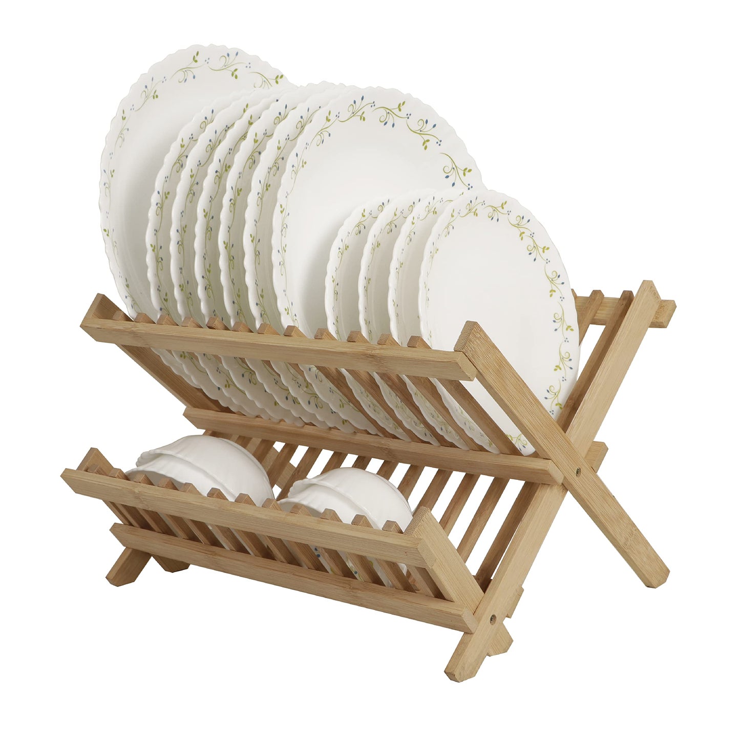 Wooden Folding 2-Tier Bamboo Plate Stands, Folded – 13x12.5x1.5", Extended – 13x9x9.5"