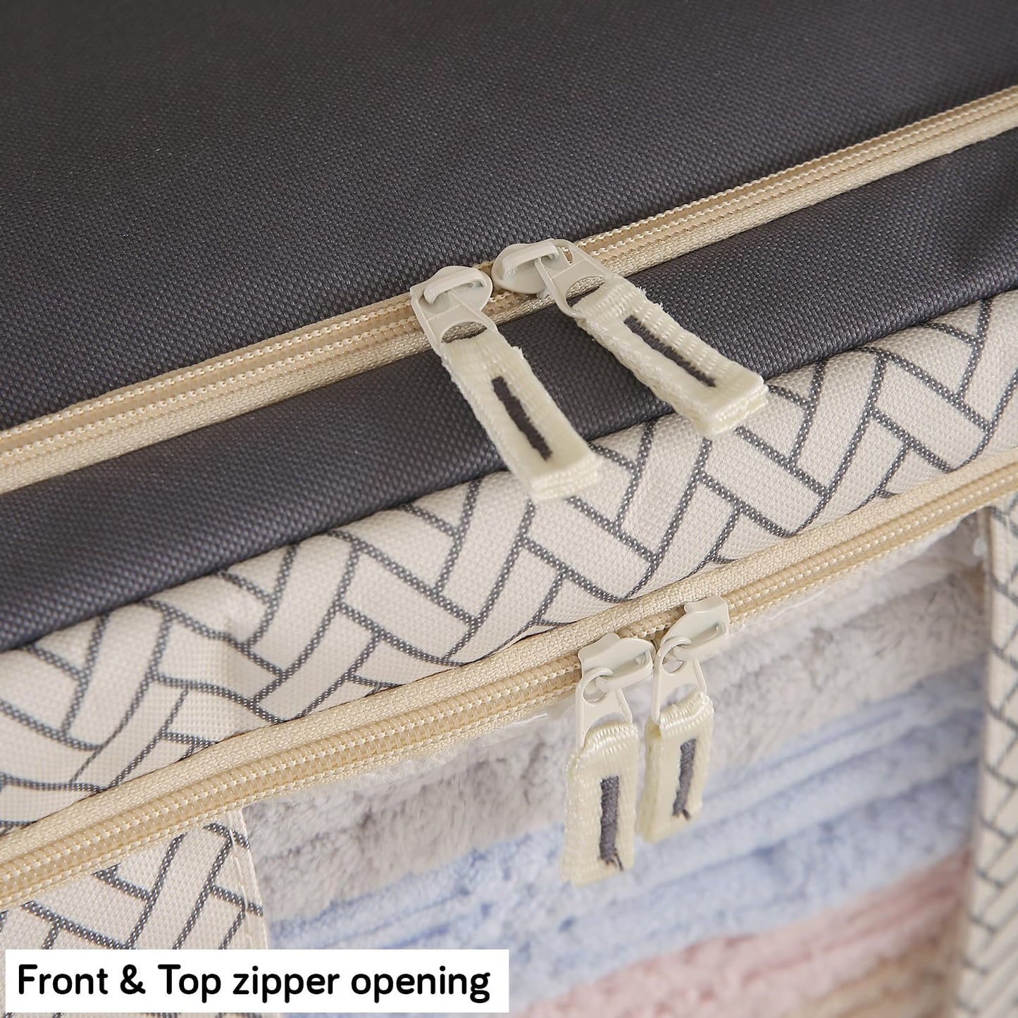 Wardrobe Organizer Storage Box | Foldable Cloth Storage Boxes with Metal Frame & Window | 600D Oxford Fabric, Cream Mist