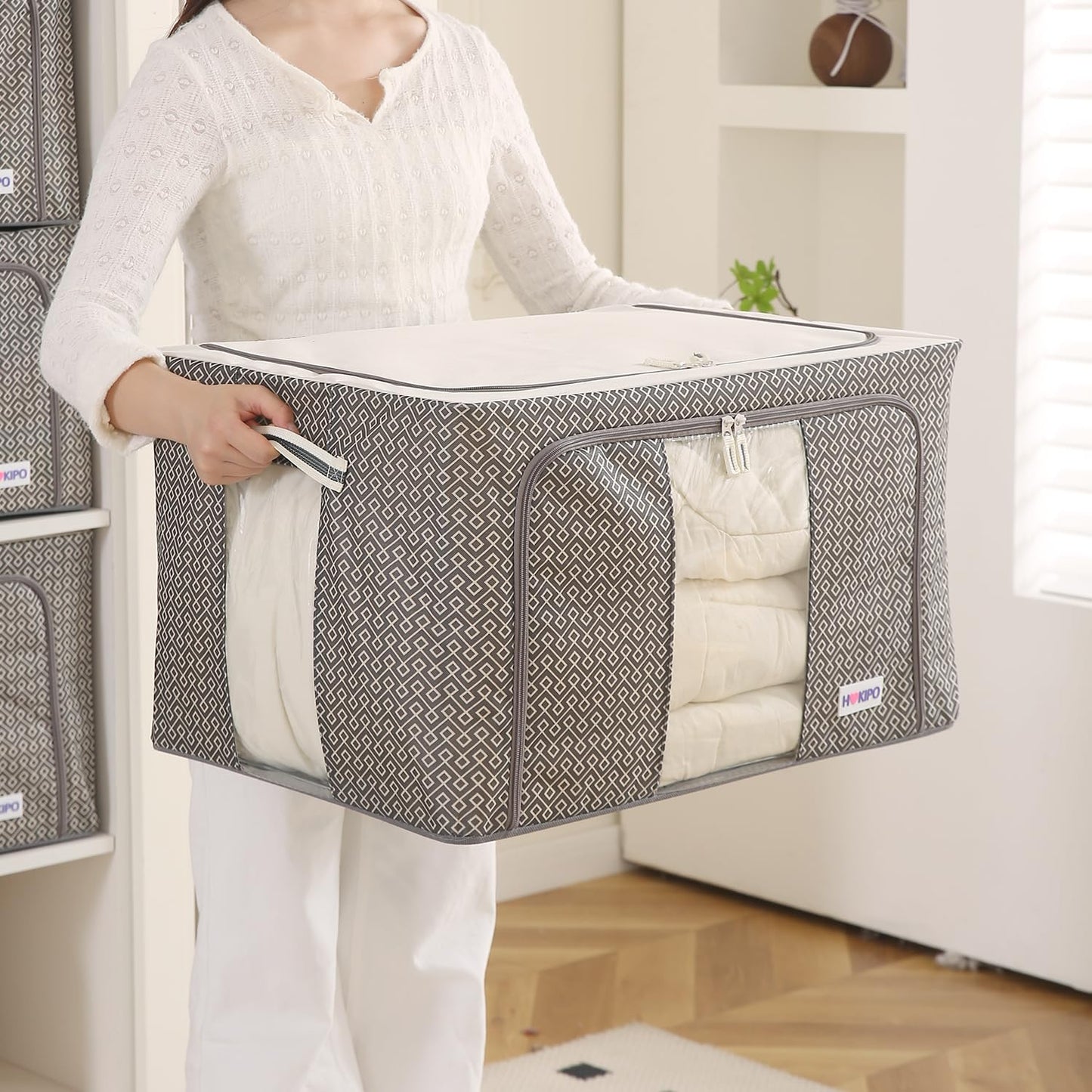 Wardrobe Organizer Storage Box | Foldable Cloth Storage Boxes with Metal Frame & Window | 600D Oxford Fabric, Charcoal Grey
