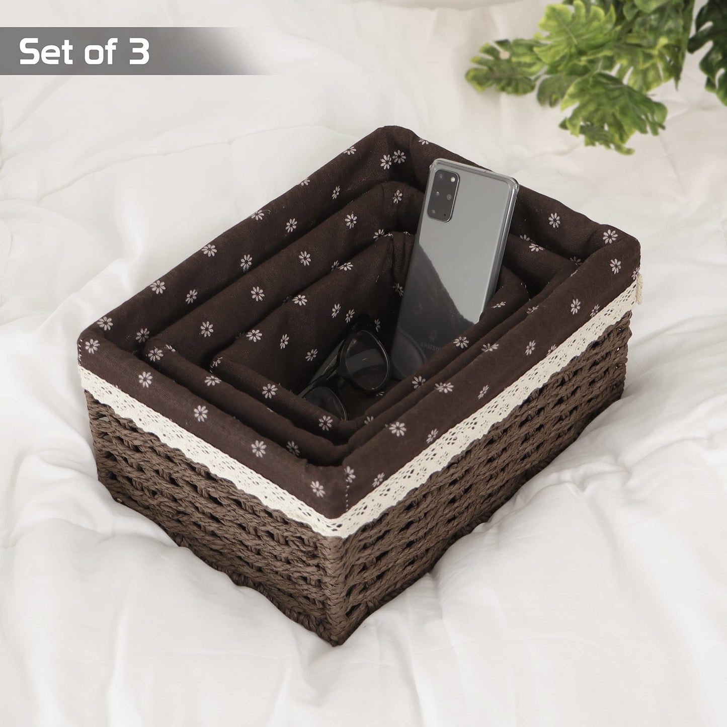 Eco-Friendly Handwoven Paper Weave Wicker Oval Basket For Home, Office, Wardrobe. Pack Of 3, Brown