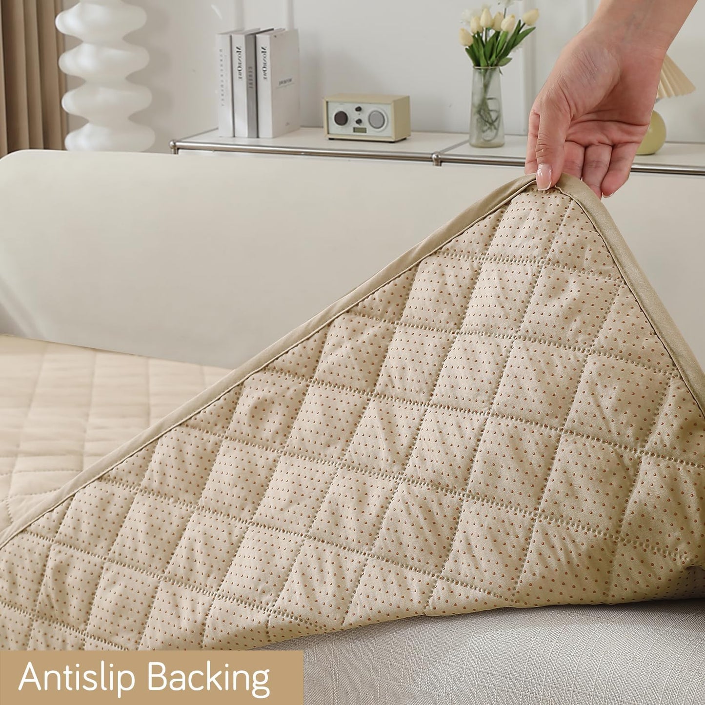 HOKIPO Quilted Waterproof Sofa Seat Mat for 1/2/3 Seater Sofa with 2 Armrest Covers with Pockets, Cream