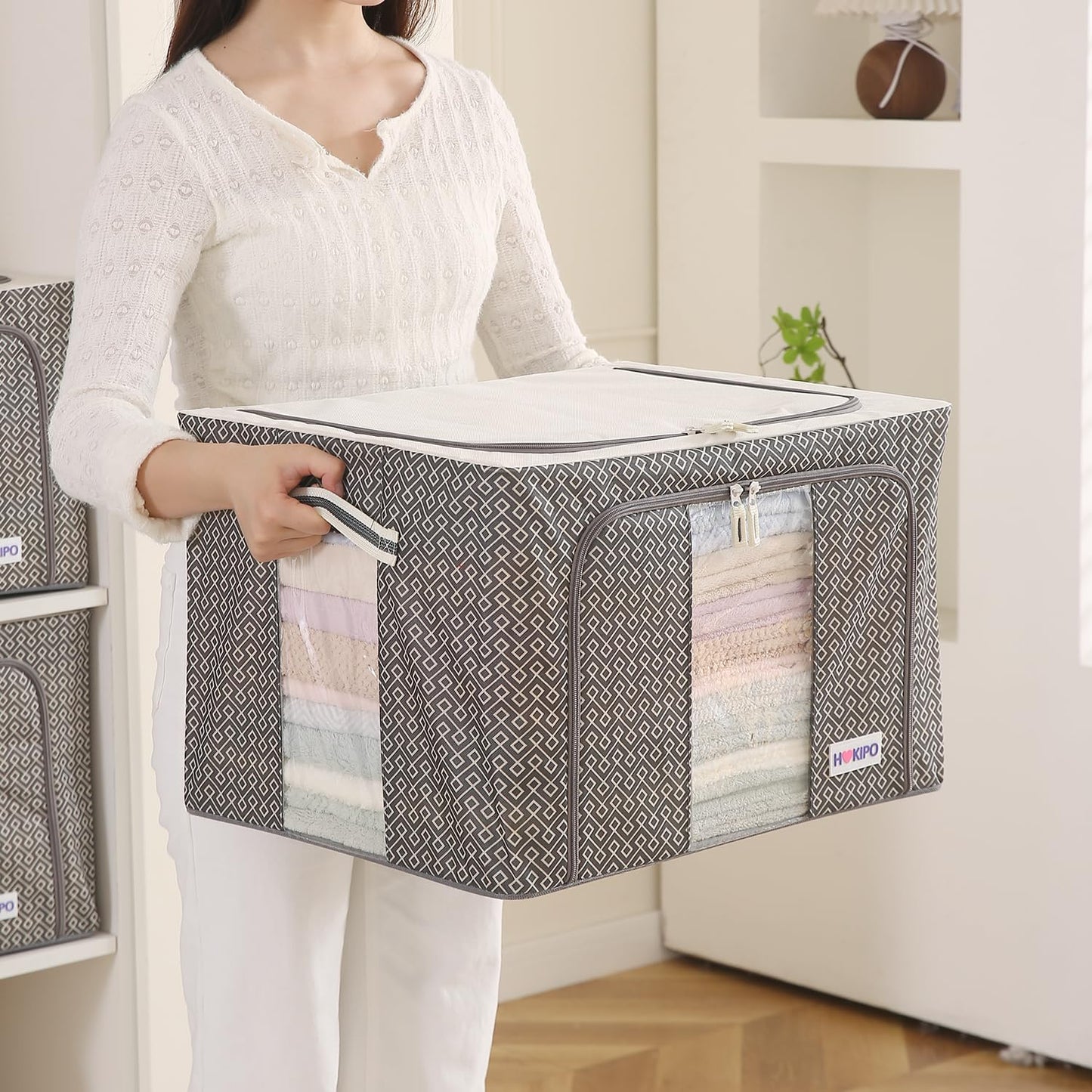 Wardrobe Organizer Storage Box | Foldable Cloth Storage Boxes with Metal Frame & Window | 600D Oxford Fabric, Charcoal Grey