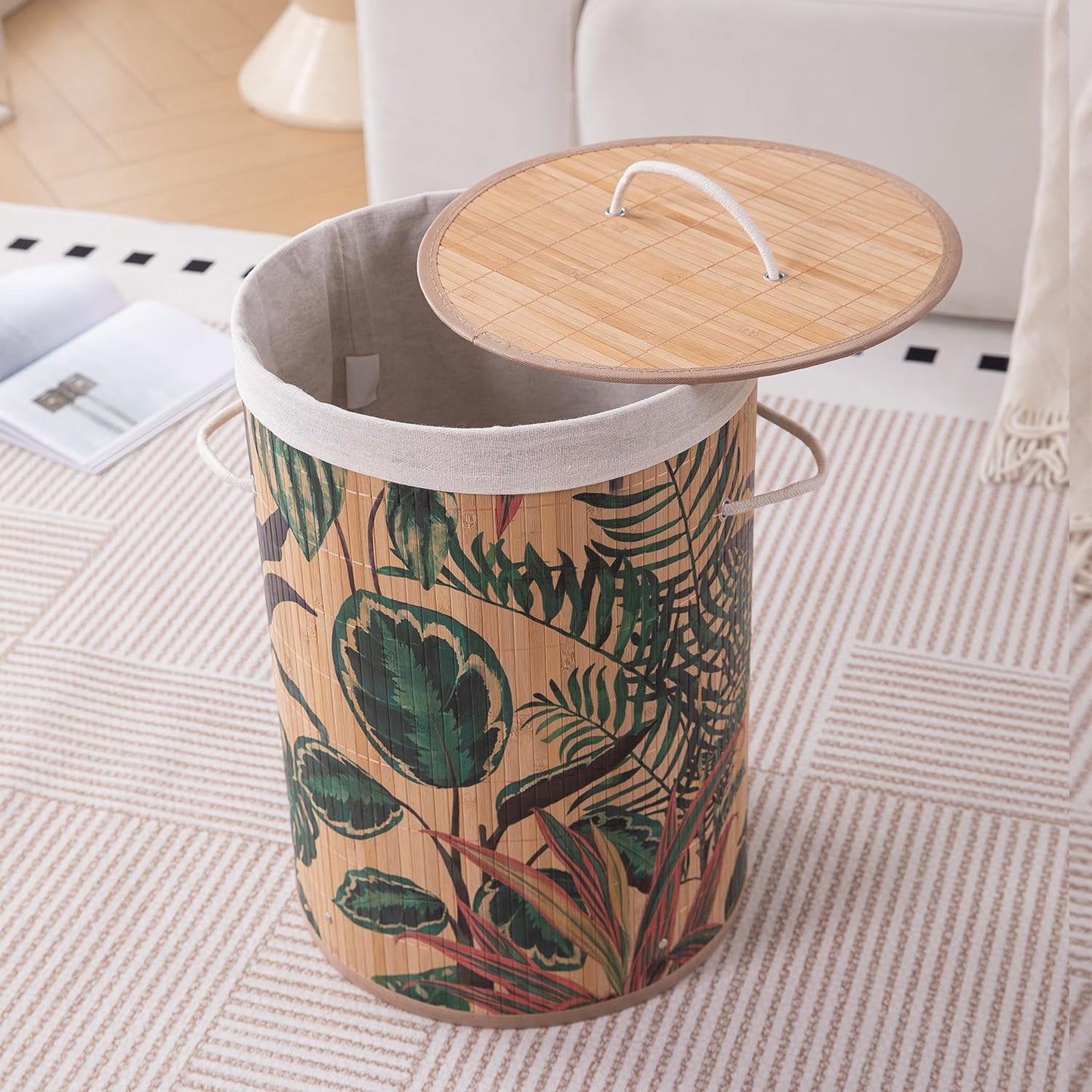 Eco-Friendly Foldable Bamboo Laundry Basket Hamper with Lid, Large, 61 Litre, Ficus Leaves
