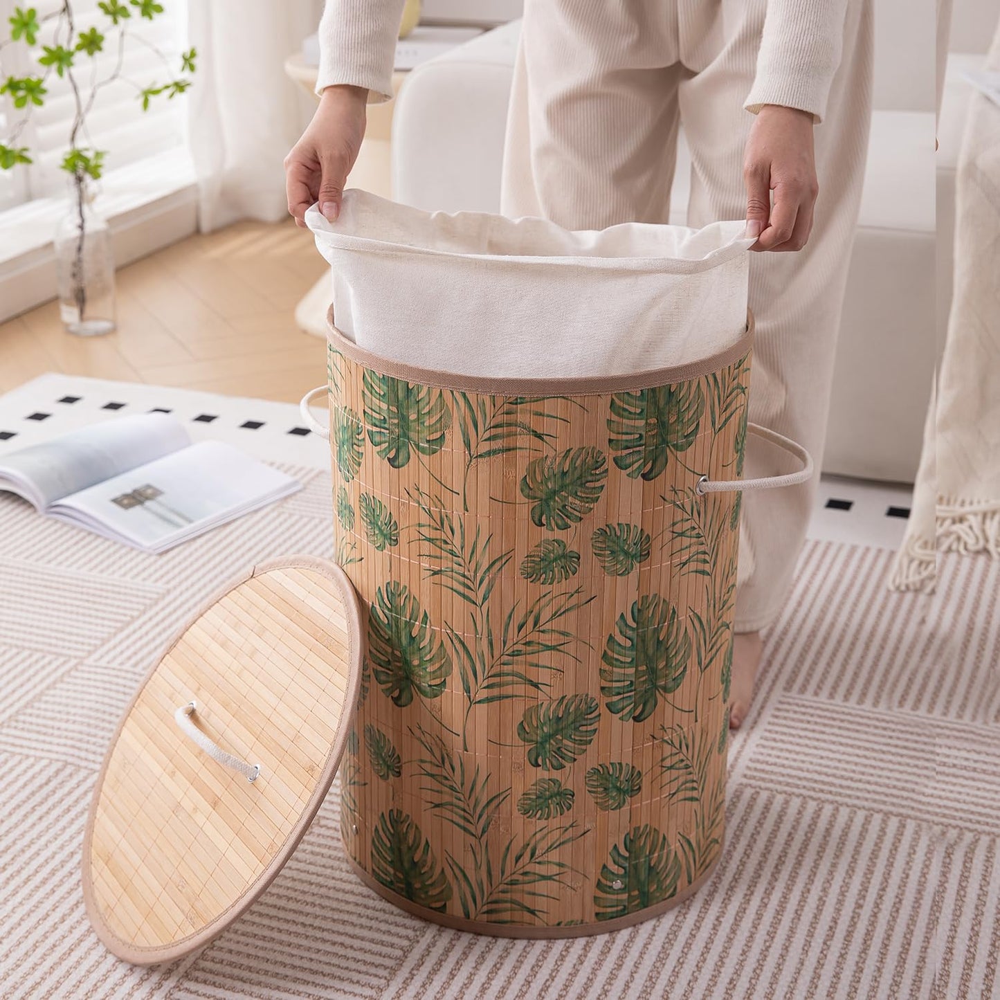 Eco-Friendly Foldable Bamboo Laundry Basket Hamper with Lid, Large, 61 Litre, Tropical Leaves