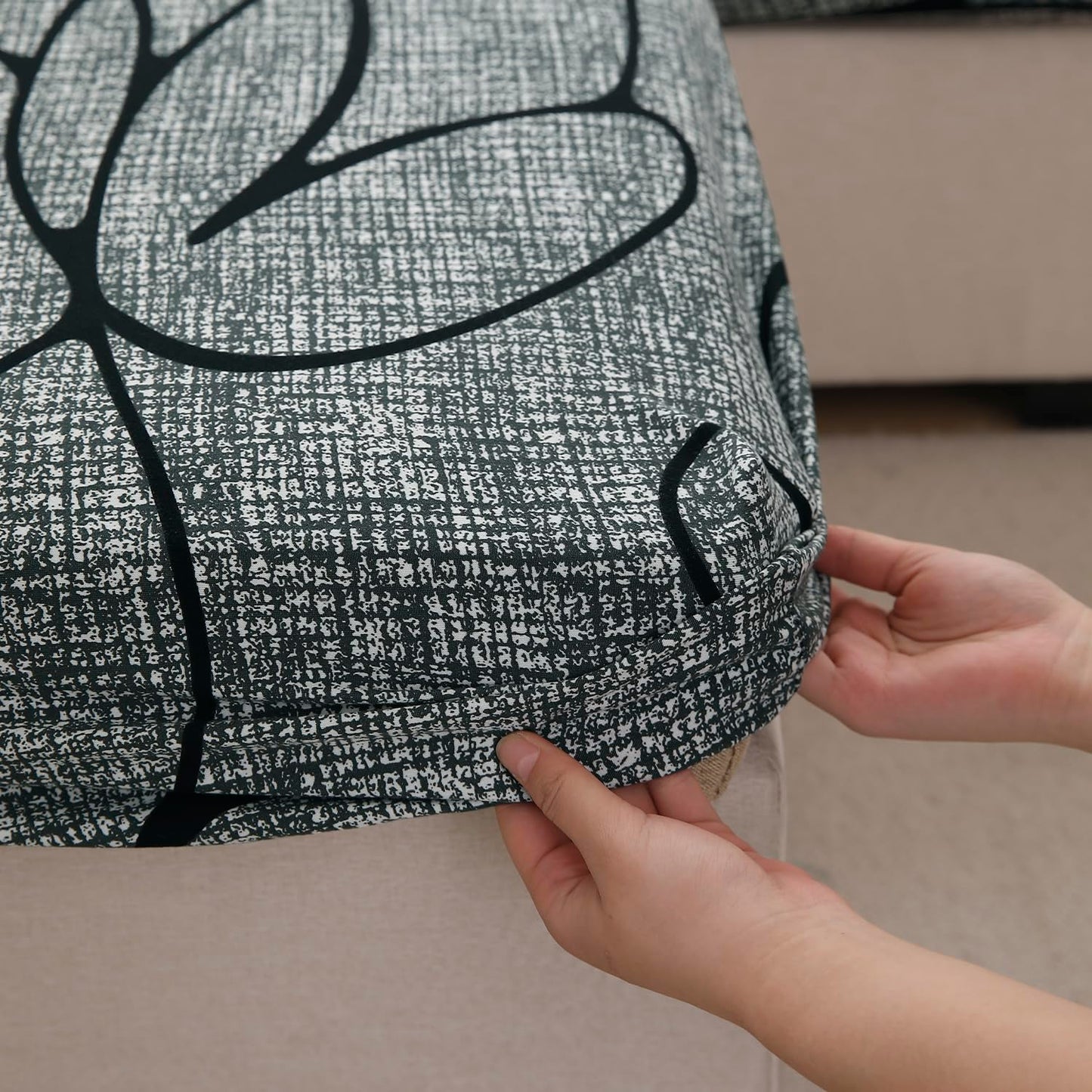 140 GSM Stretchable Printed Elastic Sofa Cushion Seat Cover for 1 /2 /3 Seaters / Pieces for Sofa, Intense Grey Abstract Floral