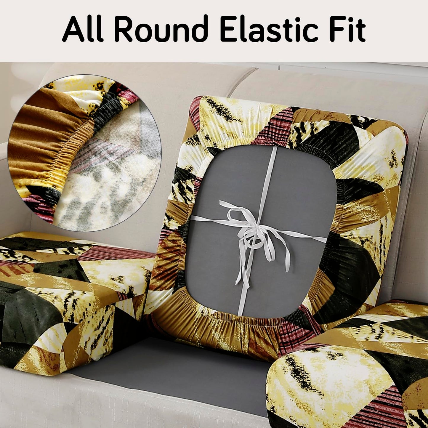 140 GSM Stretchable Printed Elastic Sofa Cushion Seat Cover for 1 /2 /3 Seaters / Pieces for Sofa, Wine Abstract Geometry