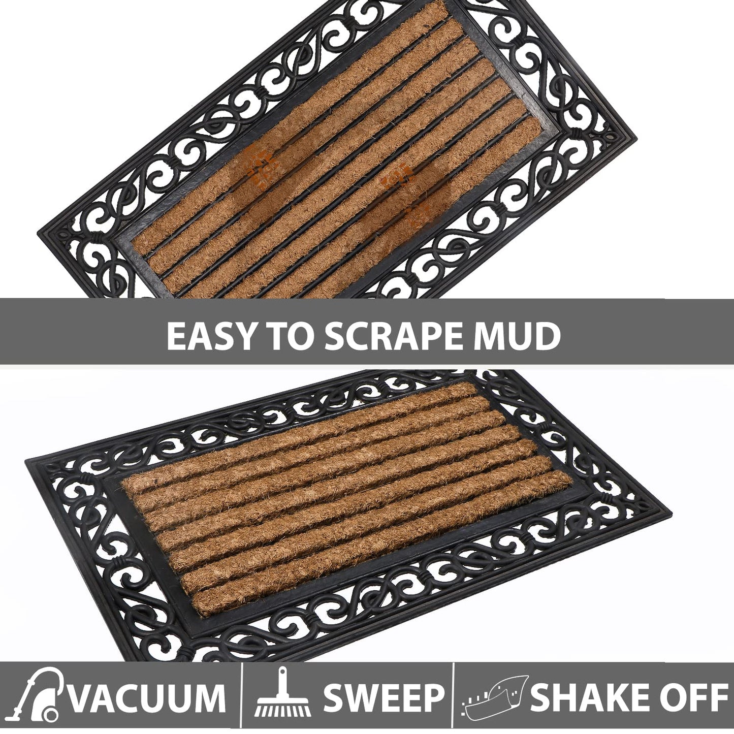 Natural Rubber Coir Rectangular Doormat with Designer Border, Anti-Slip Rubber Backing, 45x75 cm