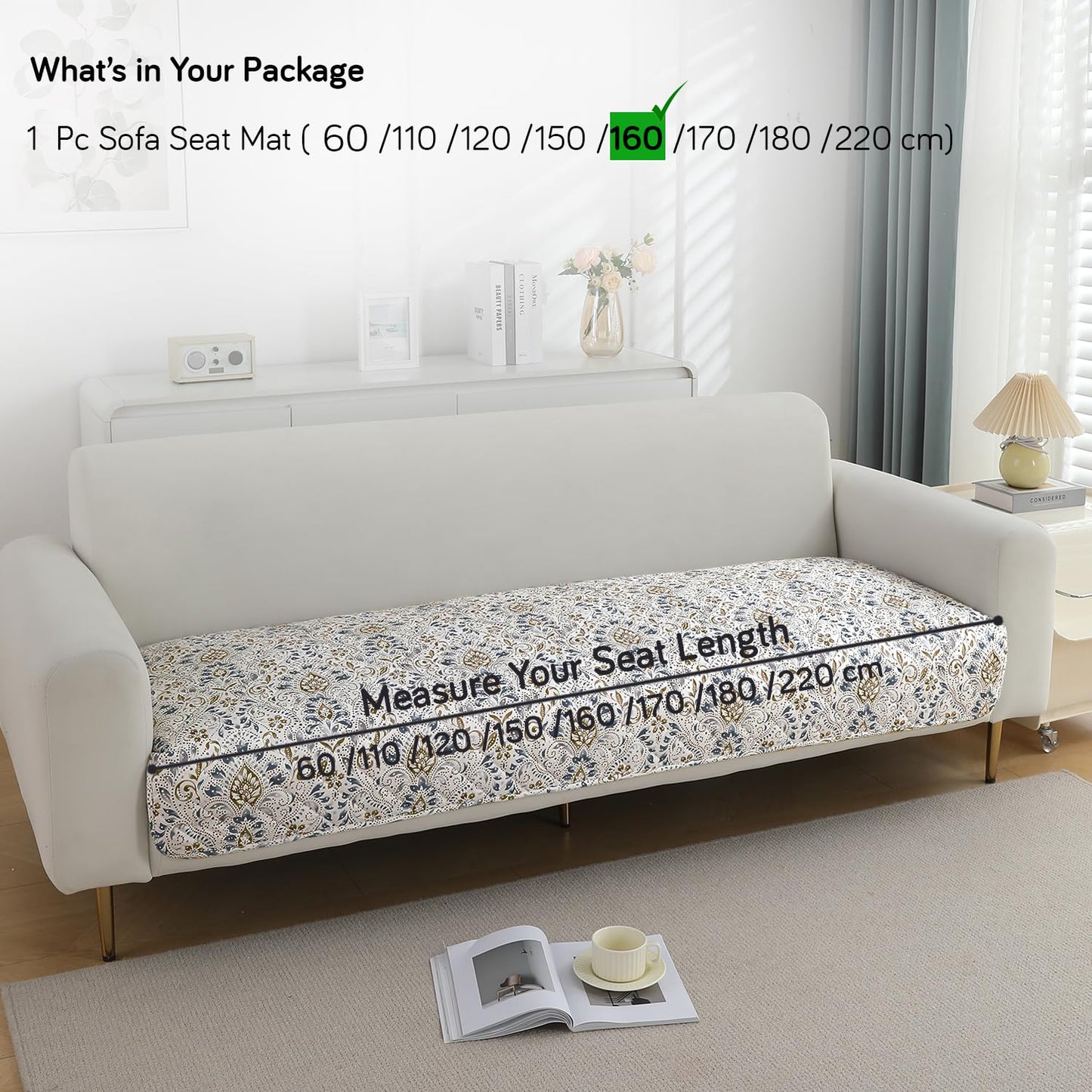Quilted Waterproof and Anti-Slip Sofa Cover Mat, Damask White