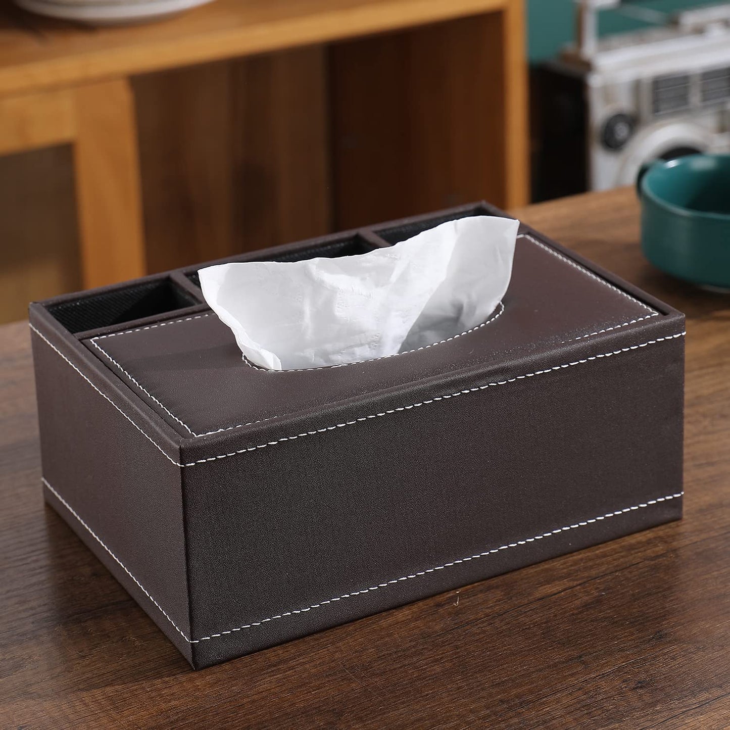 Buy premium brown faux leather tissue paper box for table | Hokipo