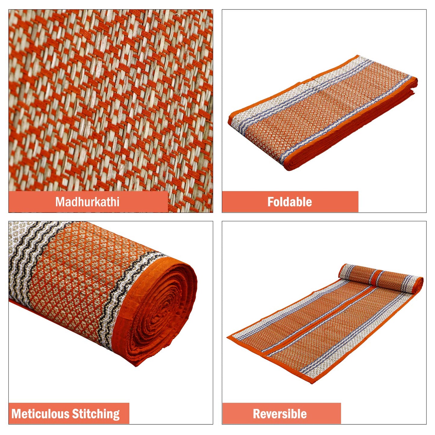 Natural Handmade Madurkathi Large Chatai Mats for Home, Orange