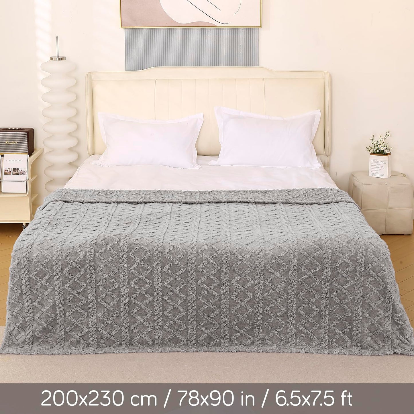 220 GSM Flannel AC Throw Blanket Double Bed Queen, 200x230 cm / 6.5x7.5 feet, Light Grey