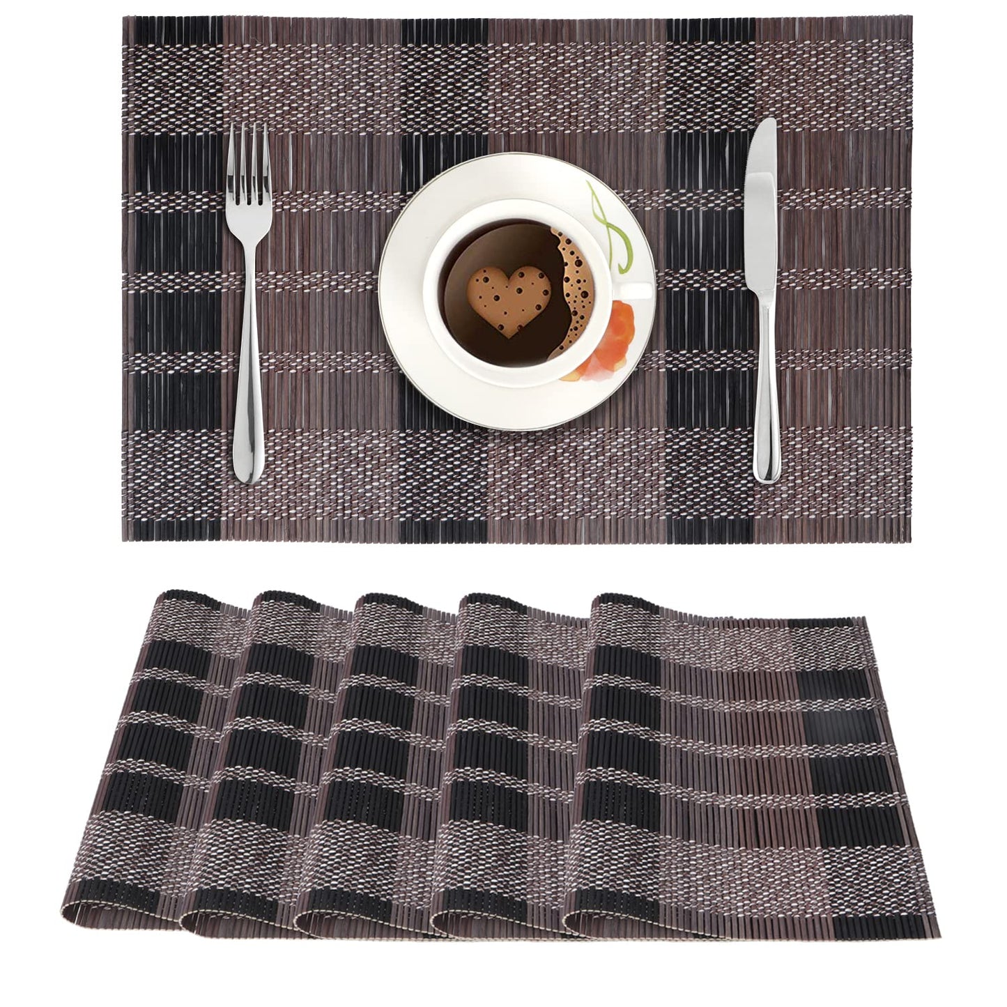 Reversible Bamboo Placemats for Dining Table Set of 6 Table Mats, 45x30 cm, Brown Black