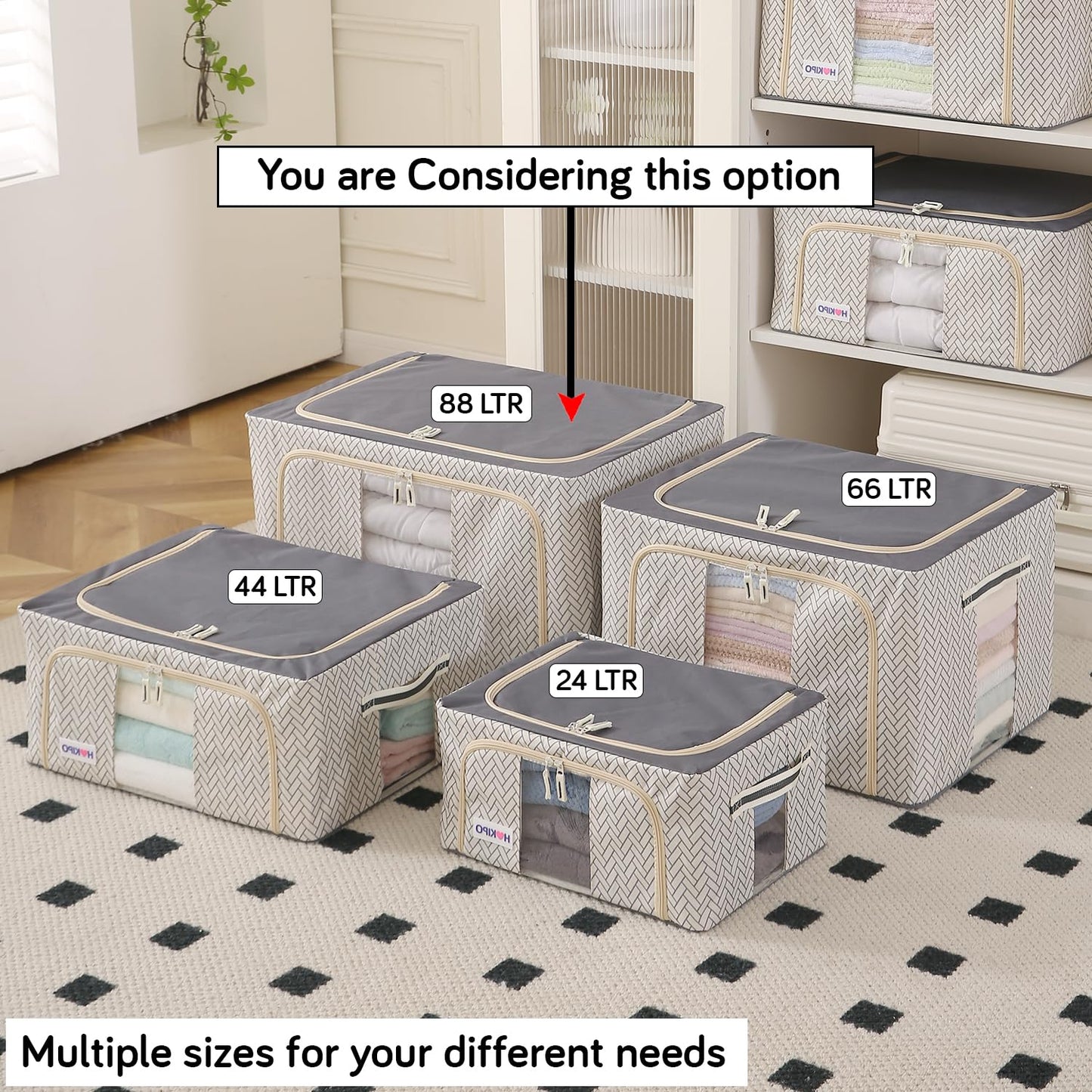 Wardrobe Organizer Storage Box | Foldable Cloth Storage Boxes with Metal Frame & Window | 600D Oxford Fabric, Cream Mist