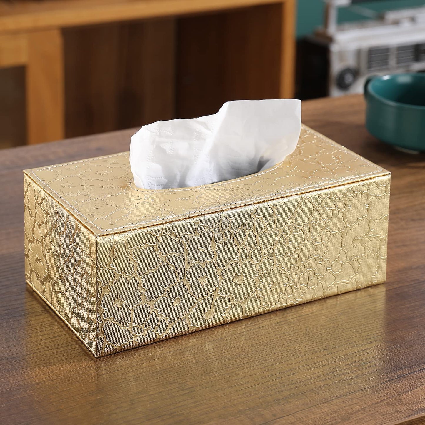 buy golden faux leather tissue box | HOKIPO