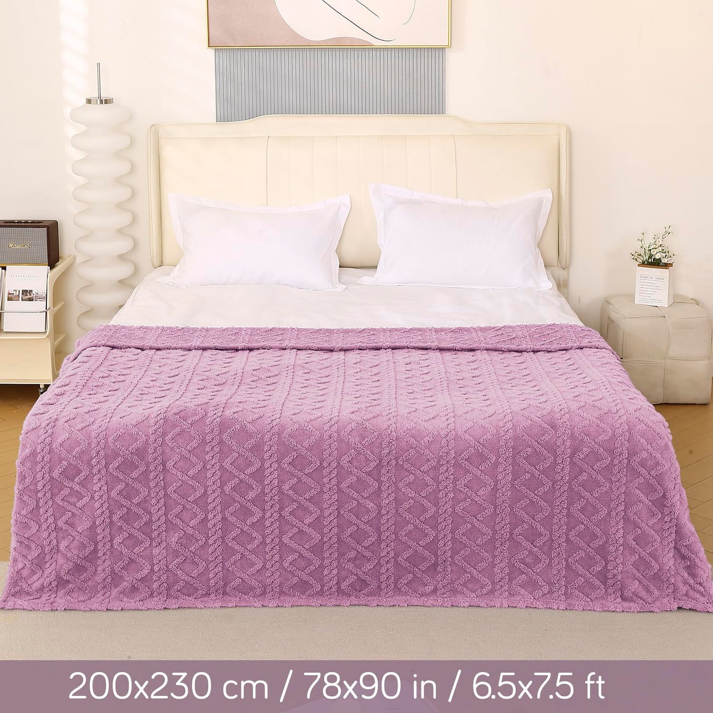 220 GSM Flannel AC Throw Blanket Double Bed Queen, 200x230 cm / 6.5x7.5 feet, Lilac