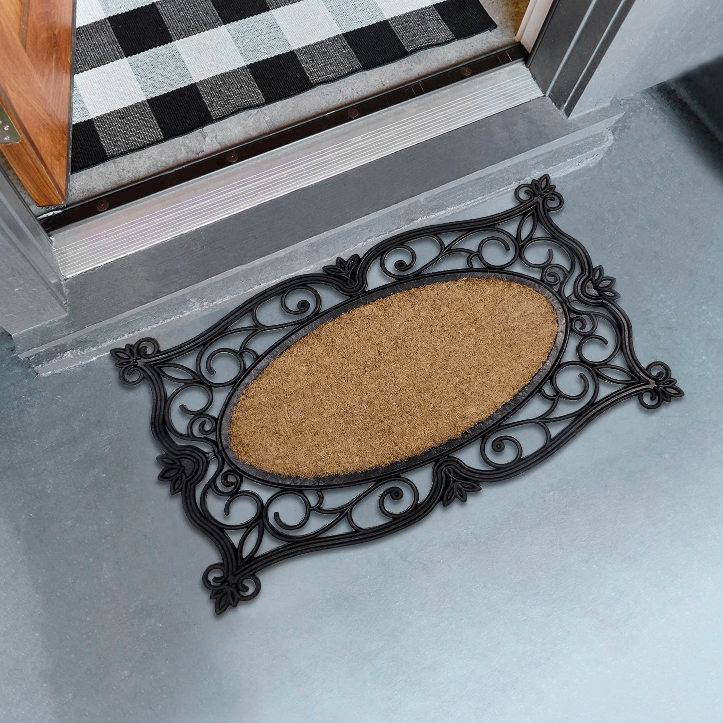 Natural Rubber Coir Doormat with Designer Border, Anti-Slip Rubber Backing, 45x75 cm