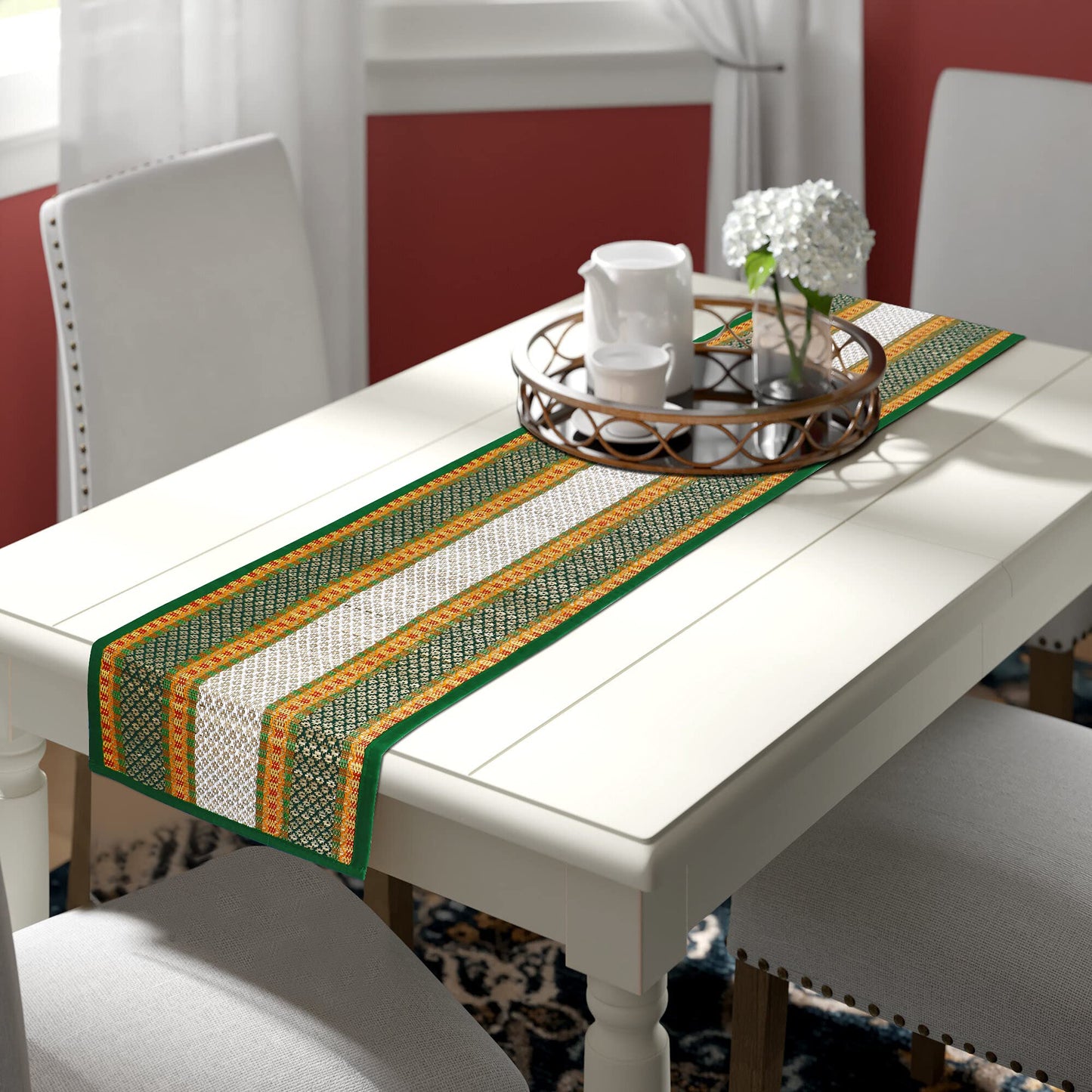 Natural Handmade Madurkathi Table Runner for Dining Table, Centre Table, Coffee Table, Teapoy, Green