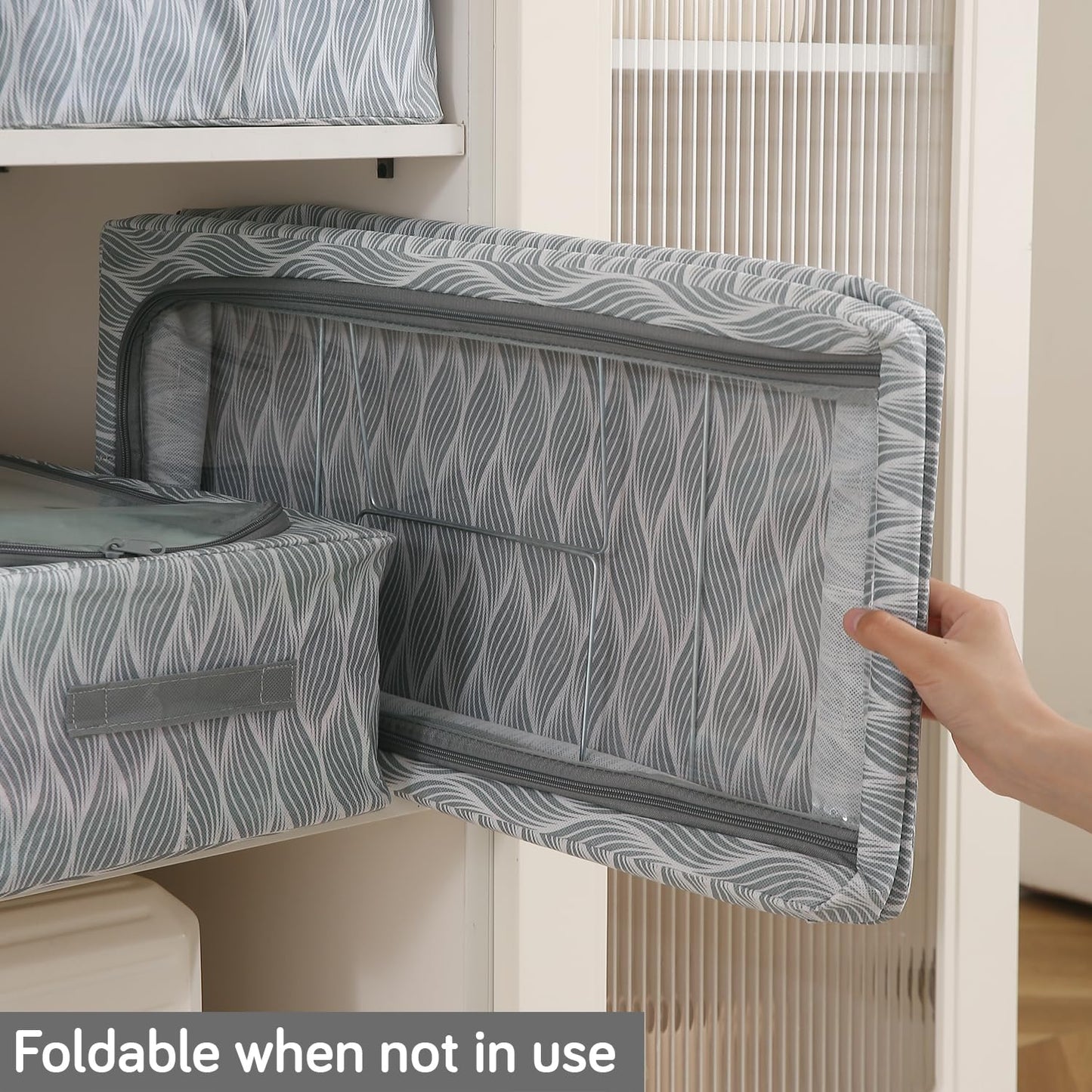 Cloth Organizer with Metal Frame | Moisture & Moth Resistant Wardrobe Organizer | Living Box for Clothes, Grey leaf