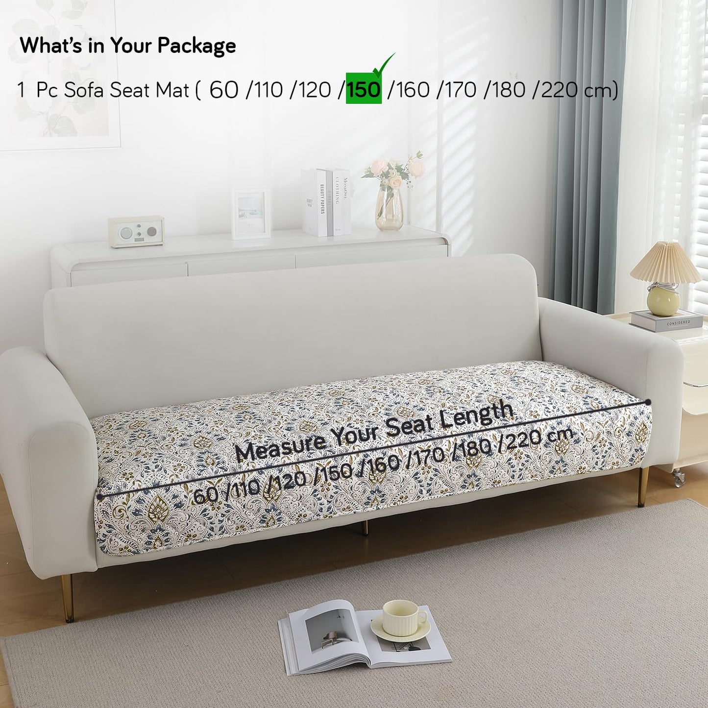 Quilted Waterproof and Anti-Slip Sofa Cover Mat, Damask White