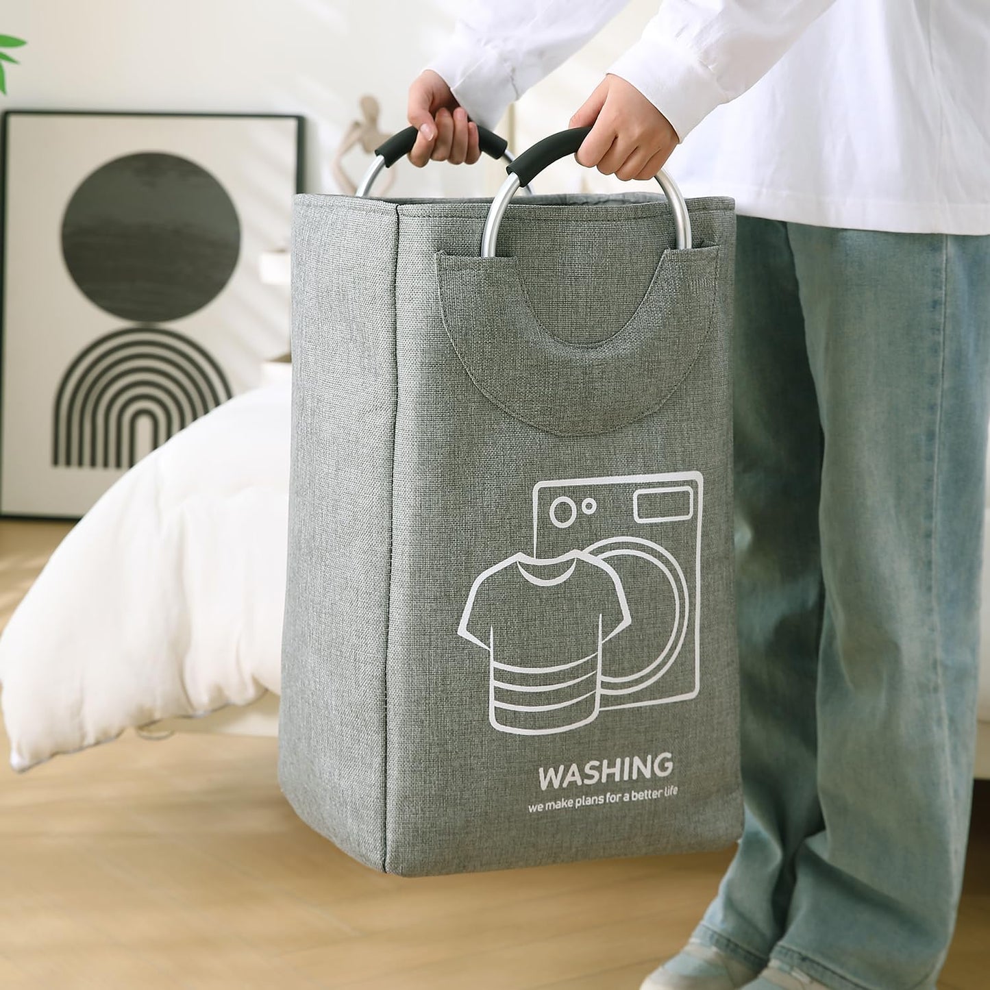 Folding Laundry Bag for Clothes Hamper Basket Collapsible Storage Basket, 30 x 27 x 55 cm Grey