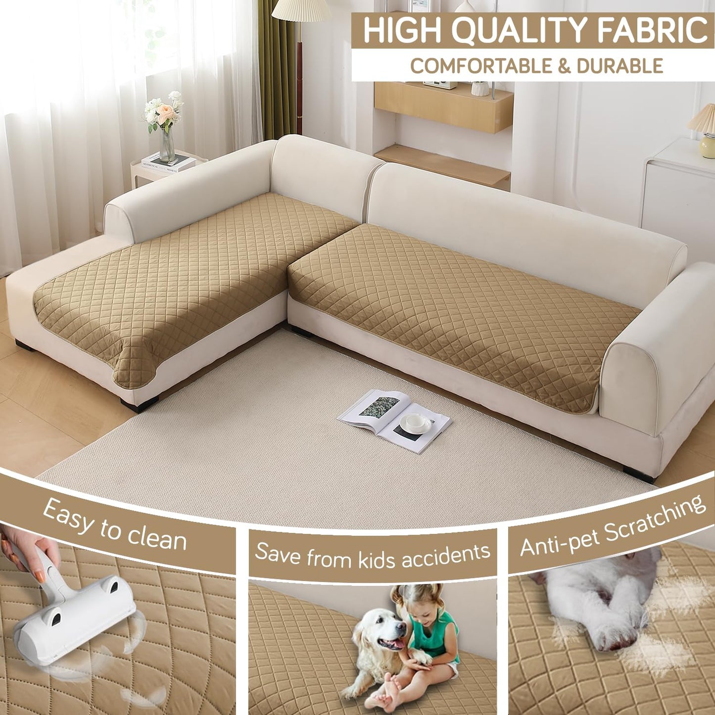 HOKIPO Waterproof Quilted Quick Dry L Shape Sofa Seat Cover Mat, Camel
