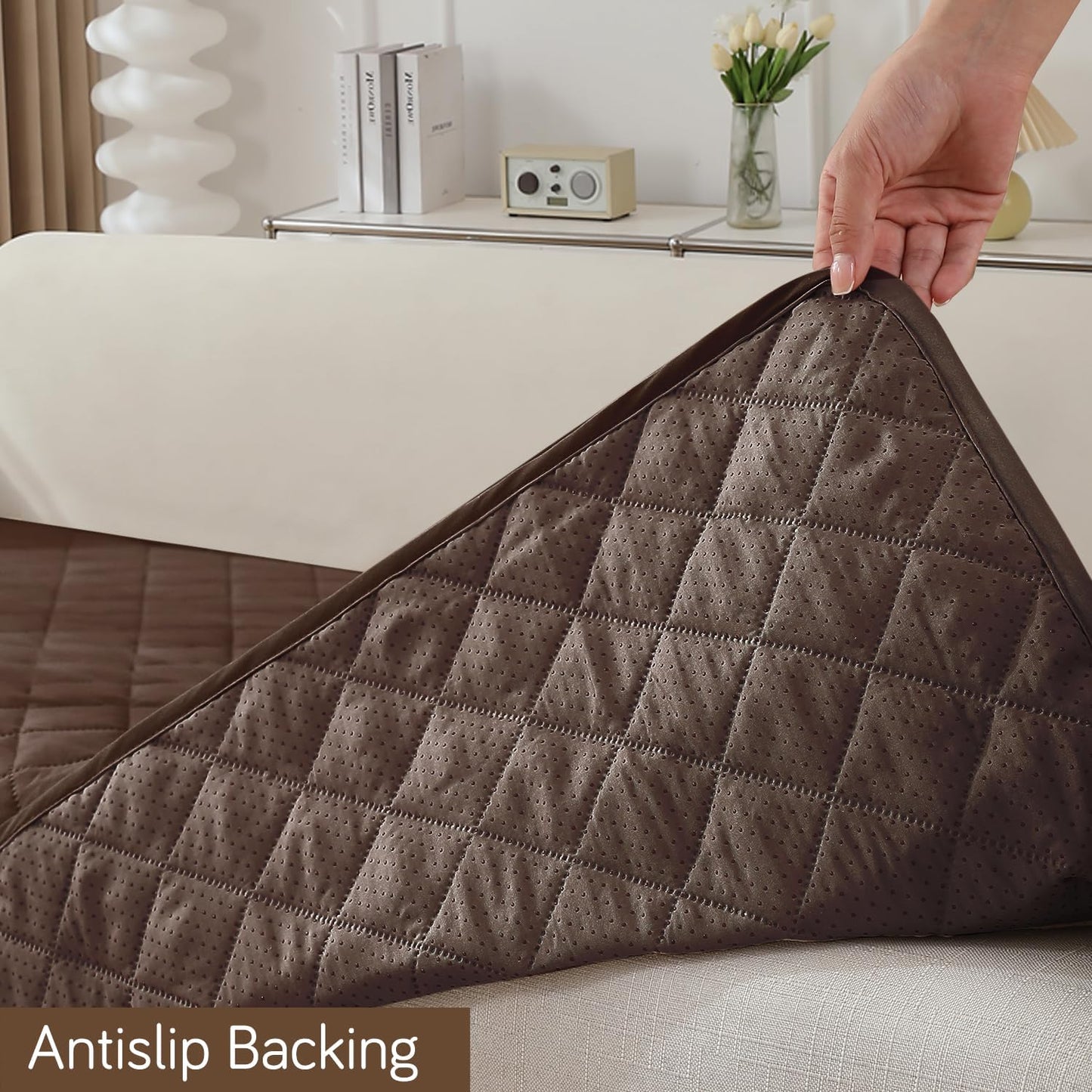 Quilted Waterproof Sofa Seat Mat for 1/2/3 Seater Sofa with 2 Armrest Covers with Pockets, Brown