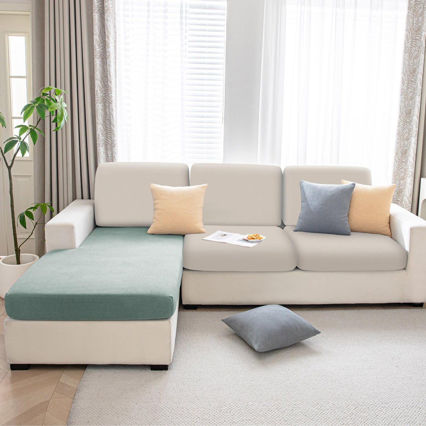 Stretchable Thick Jacquard Textured Seat Cushion Cover for 1/2/3 Seaters / Pieces for Sofa, Green