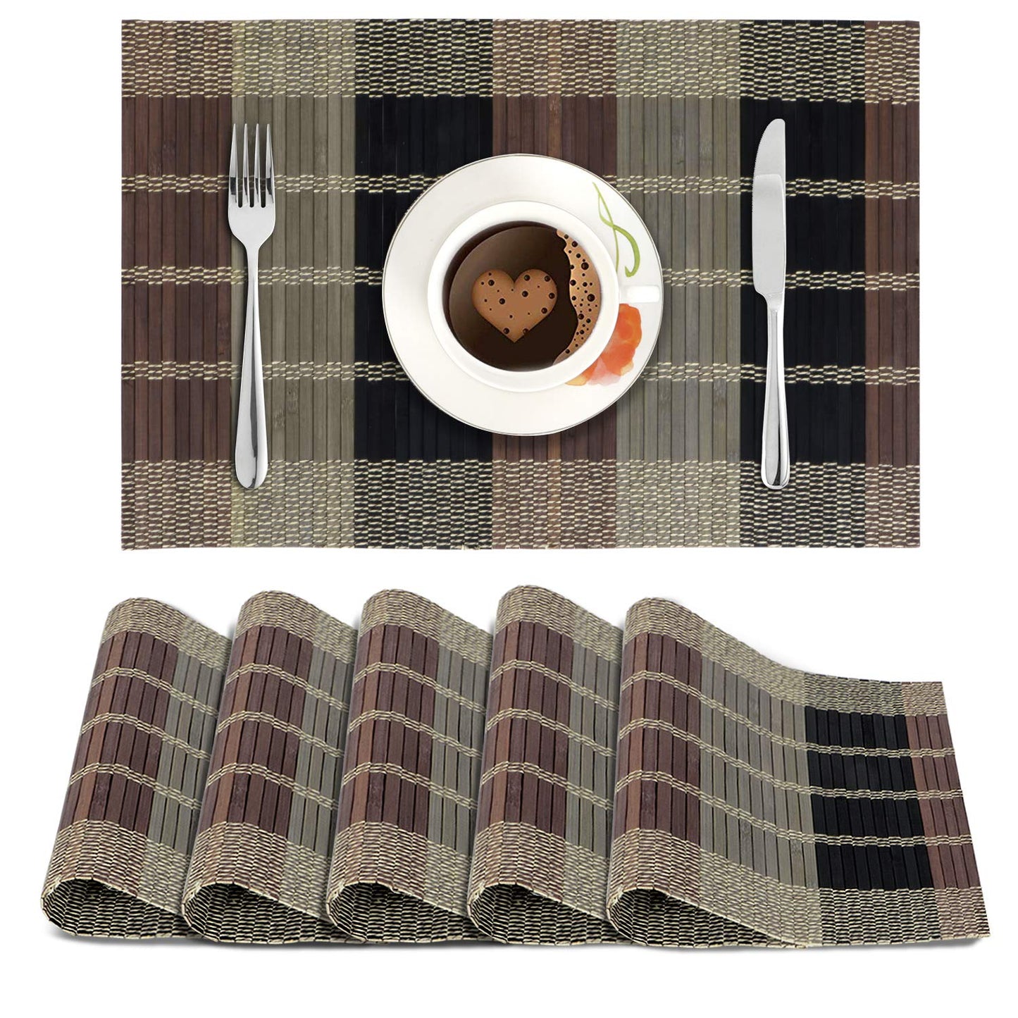 Reversible Bamboo Placemats Set of 6 Table Mats, 45x30 cm
