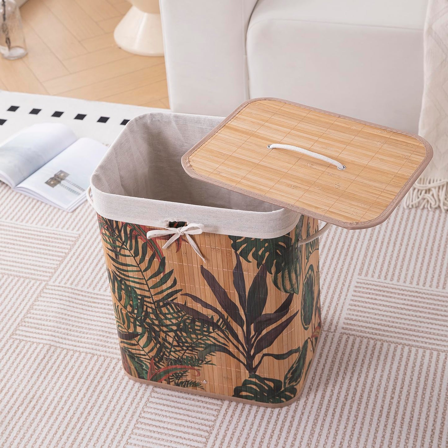 Eco-Friendly Foldable Bamboo Laundry Basket Hamper with Lid, Large - 60 Liter, Ficus Leaves