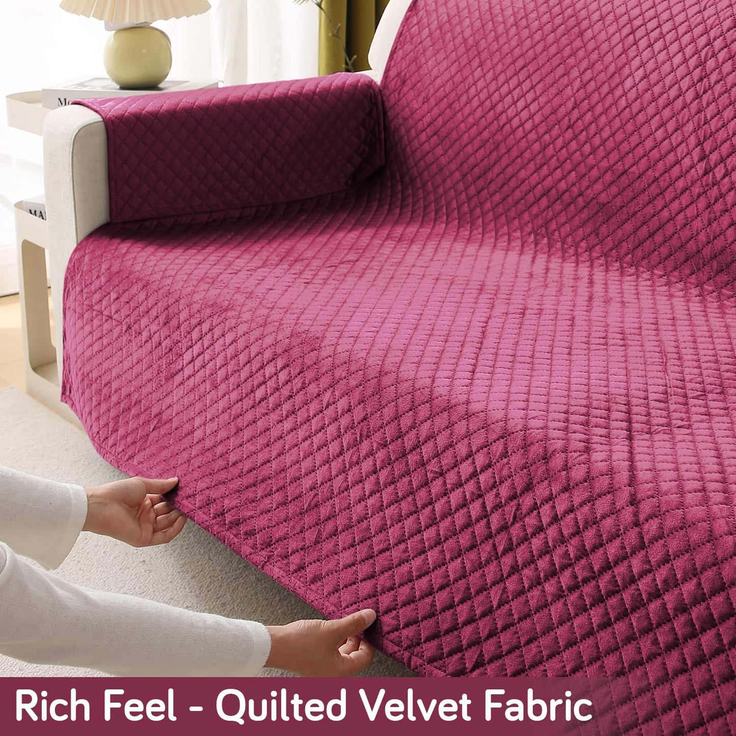 Quilted Velvet Sofa Cover Mat with Side Pockets, Pet Friendly, Wine