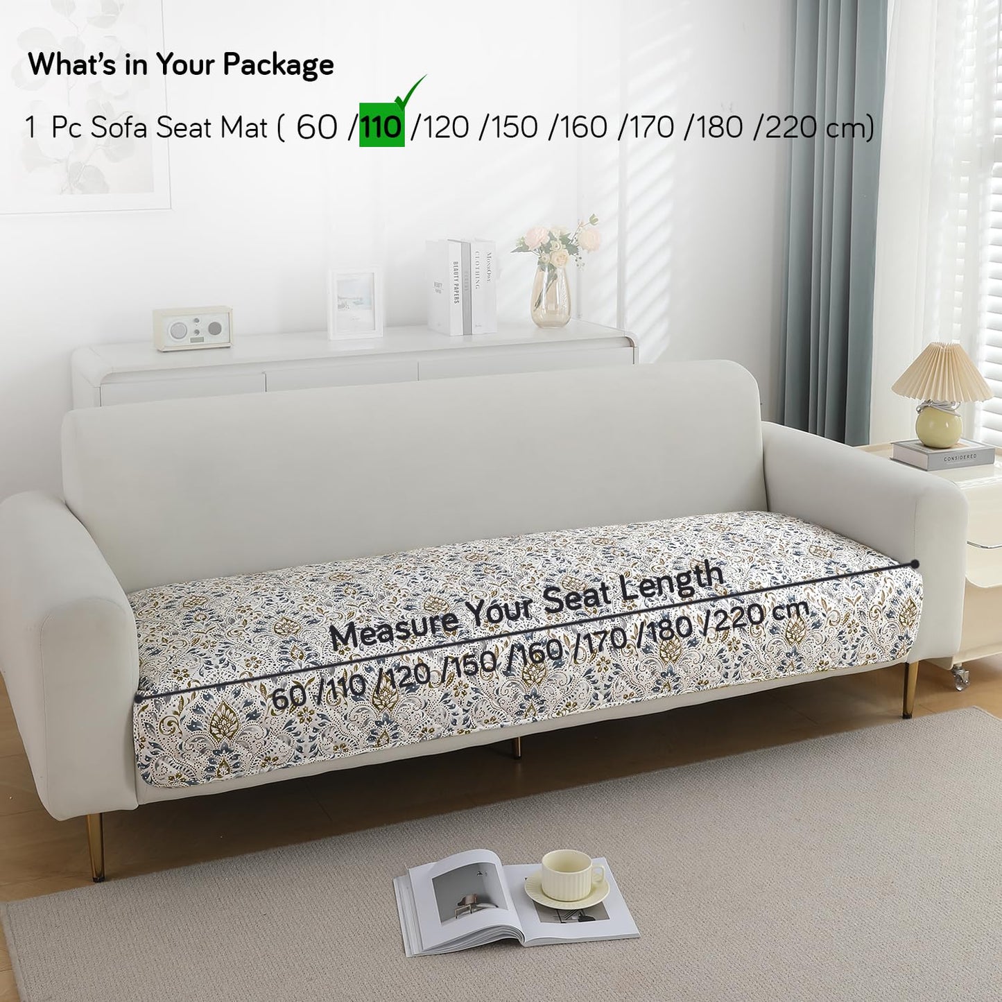 Quilted Waterproof and Anti-Slip Sofa Cover Mat, Damask White