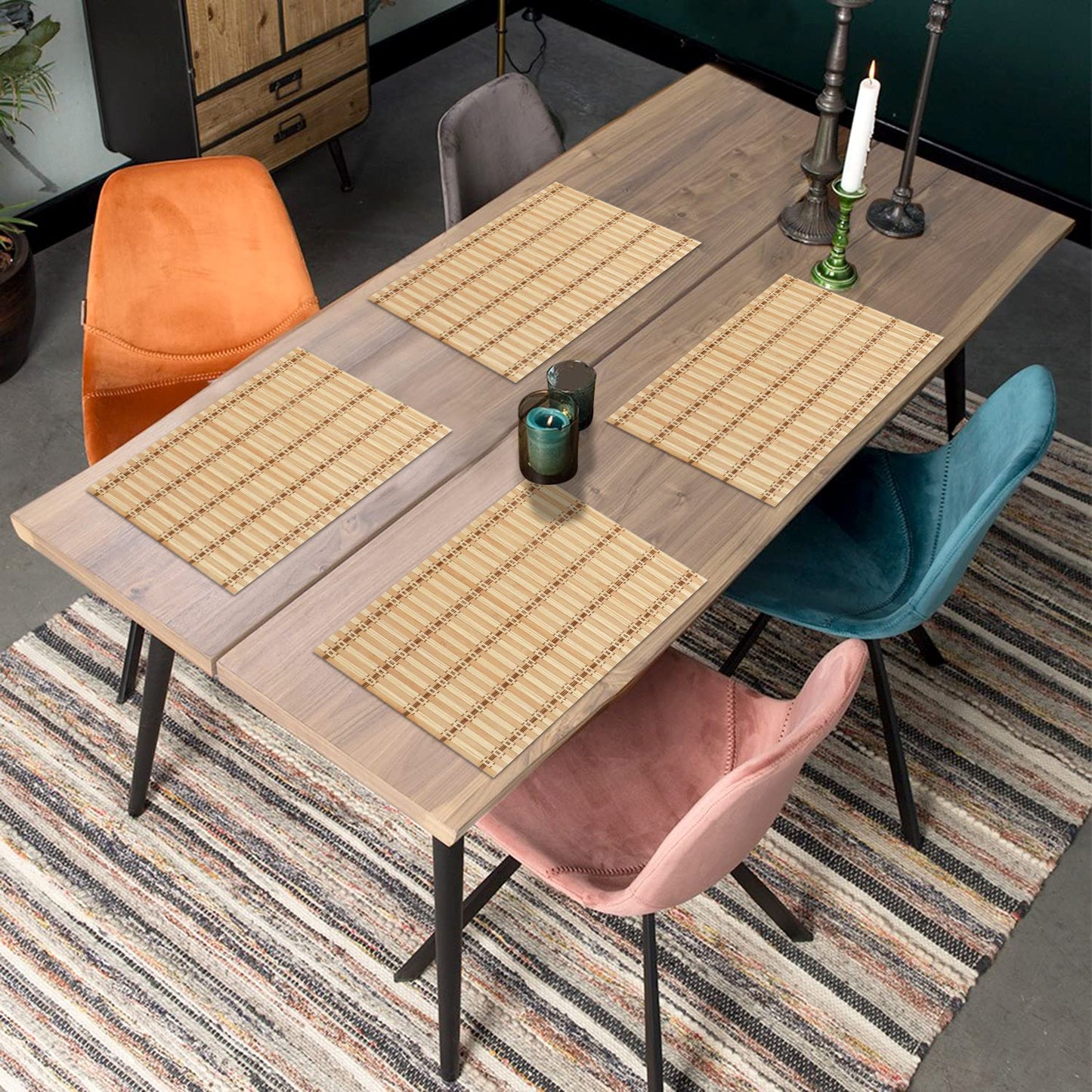 Reversible Bamboo Placemats Set of 4 Table Mats for Dining Table, 45x30 cm
