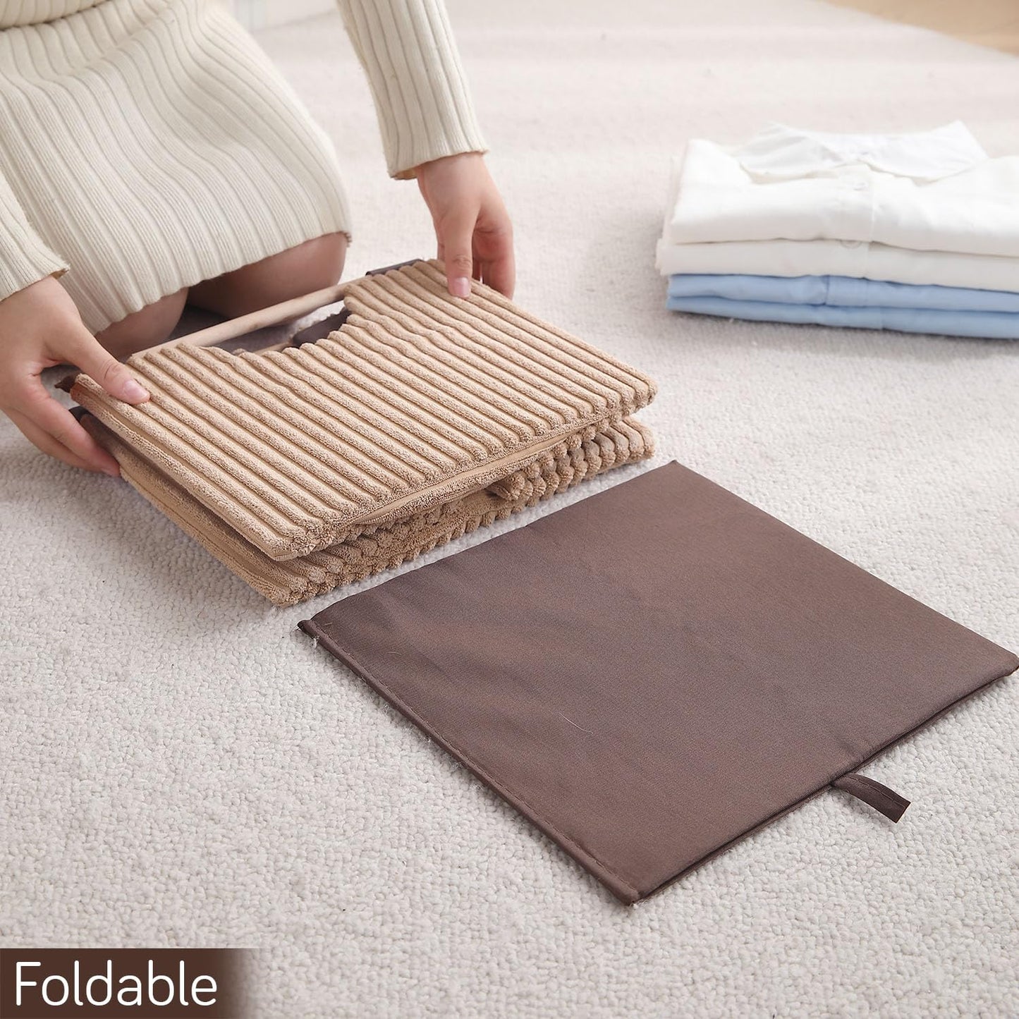 Premium Foldable Storage Bin with Wooden Handles | Corduroy Fabric Organizer Box for Wardrobe, Books, Clothes & Misc Items, Cream